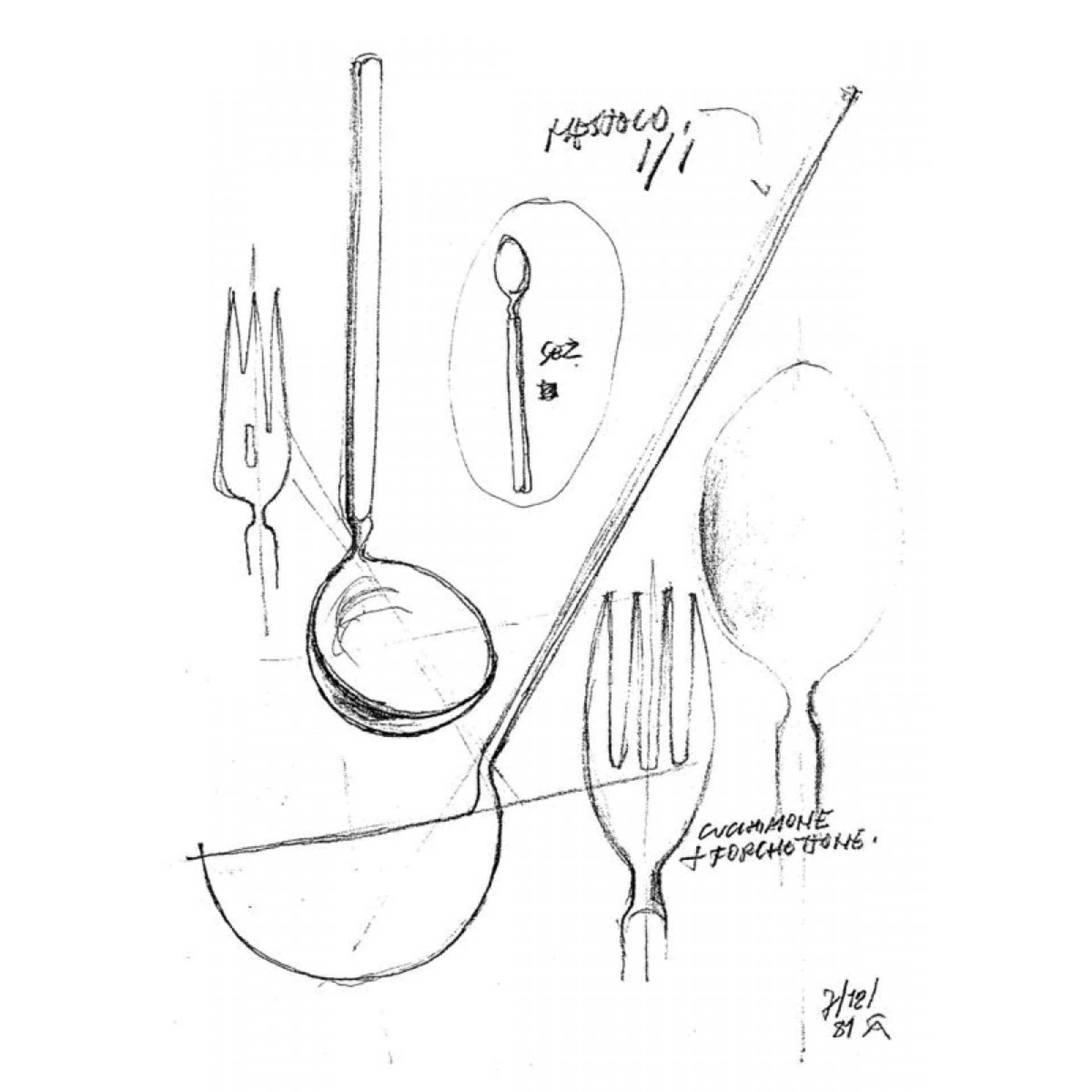 Skizze von Alessi Dry Besteck, 30-teiliges Besteckset mit Löffel, Gabel und Messer.