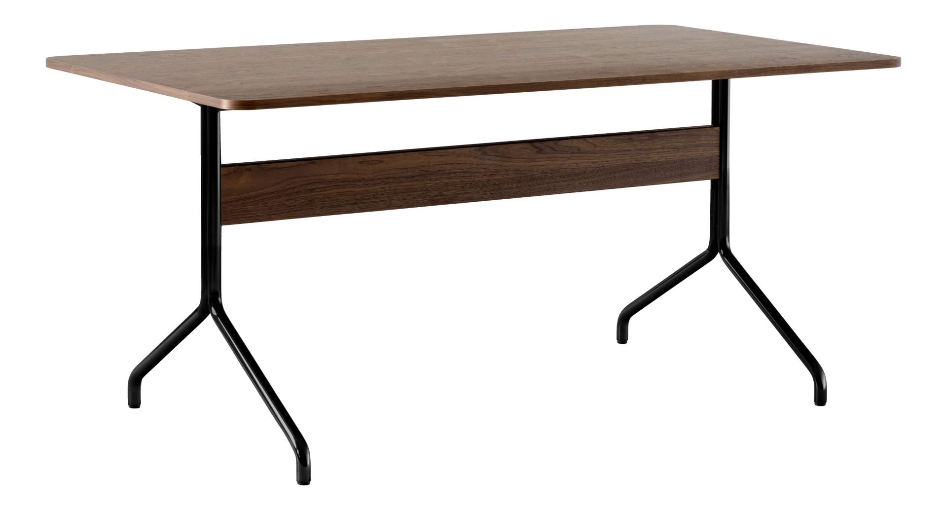 Pavilion AV18 Tisch von AndTradition mit brauner Tischplatte und schwarzem Metallgestell.