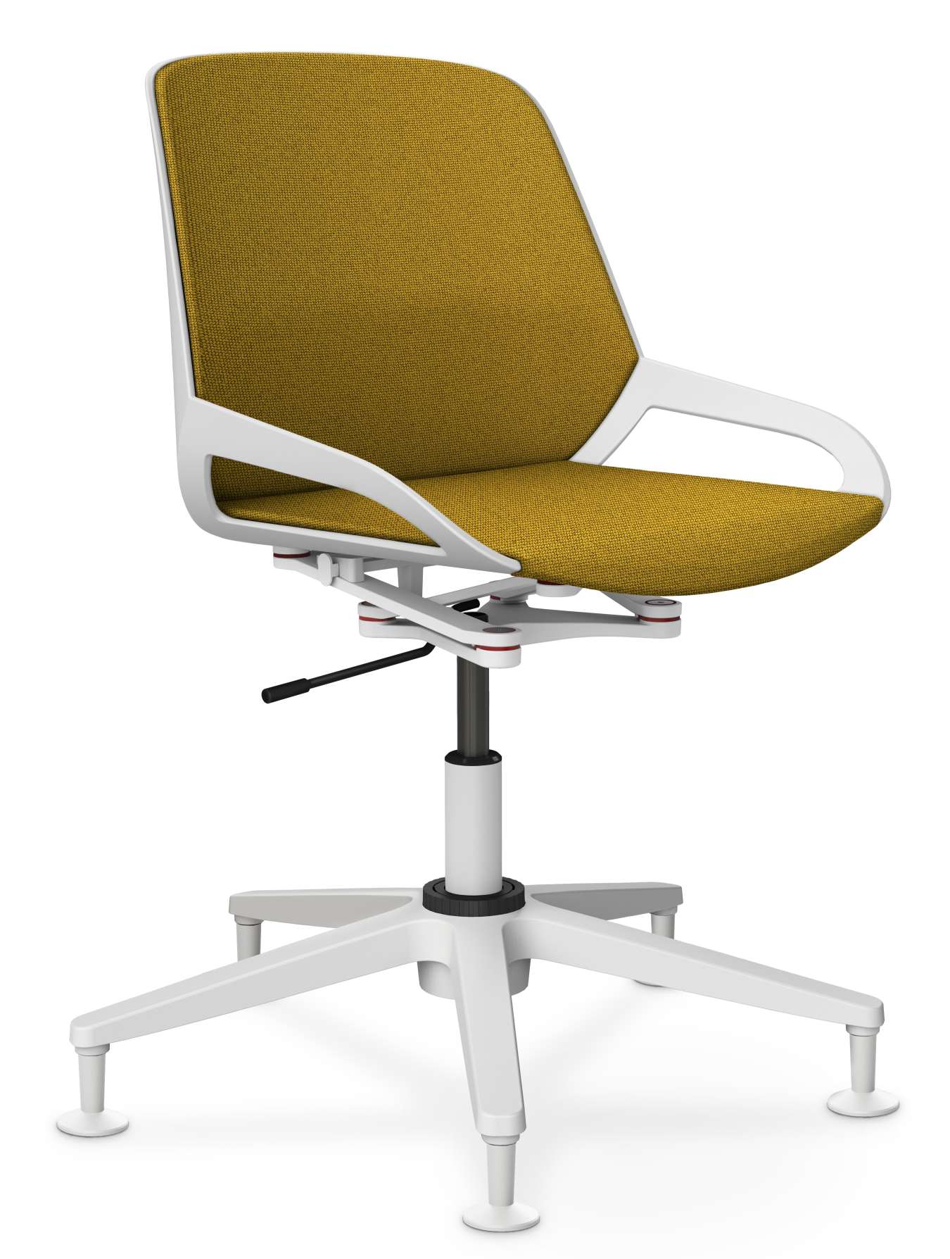 Numo Task Bürodrehstuhl von Aeris mit gelbem Stoffbezug, weißem Gestell und Gleitern. Ergonomischer Arbeitsstuhl für Büro und Homeoffice.