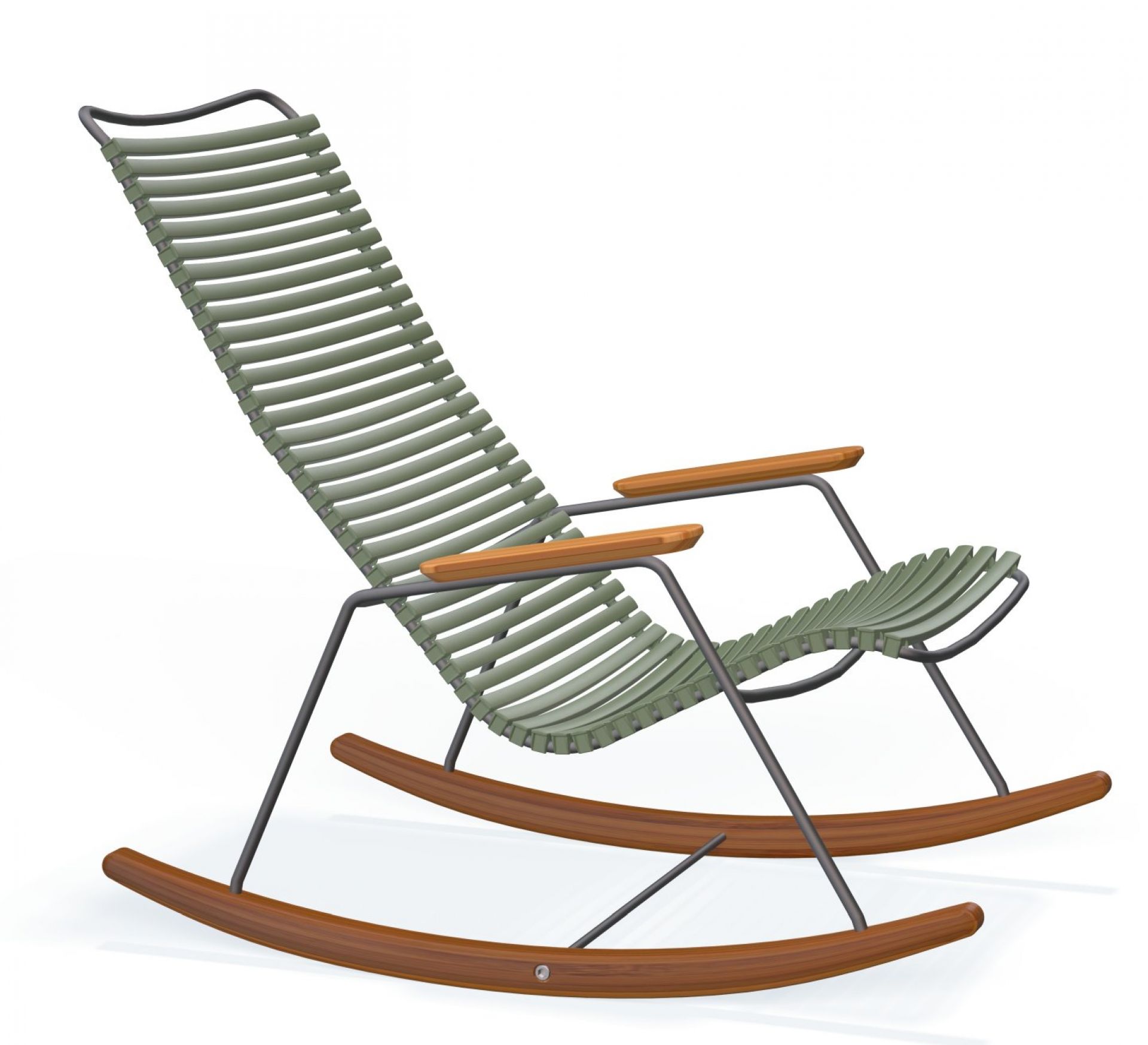 Click Rocking Chair von Houe, Outdoor Schaukelstuhl mit olivgrünen Kunststofflamellen und Holzdetails, modernes Design für Garten und Terrasse.