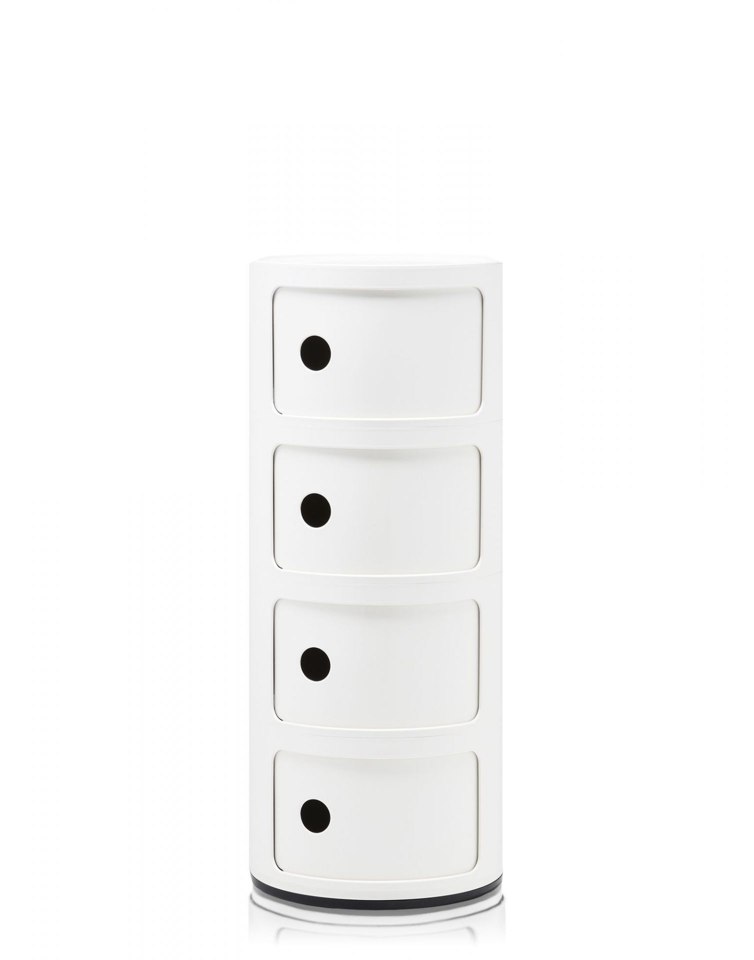 Weißes Componibili 4-er Element von Kartell, ein runder Aufbewahrungsturm mit vier Schubladen und schwarzen Griffen.