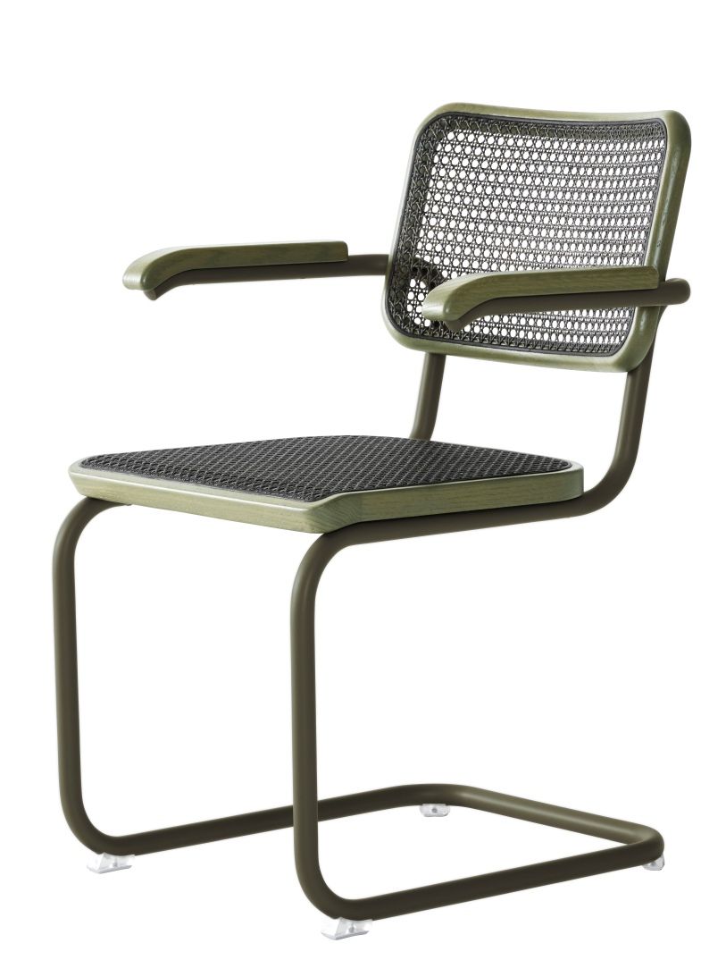 S 64 V Thonet Freischwinger Stuhl mit Stahlrohrgestell und Armlehnen, Sitzfläche und Rückenlehne mit Wiener Geflecht.
