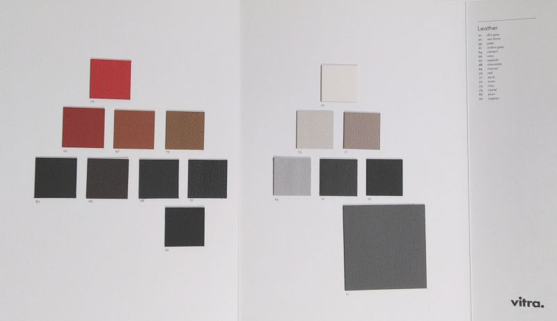 Vitra Ledermusterkarte: Nahaufnahme verschiedener Lederfarben und -texturen für Möbel und Inneneinrichtung.