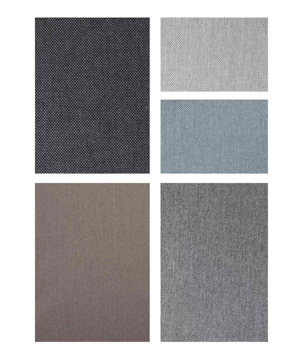 Farbauswahl für Blomus Stay Day Bed Outdoor Tagesbett: Stoffmuster in Grau, Blau, Braun.