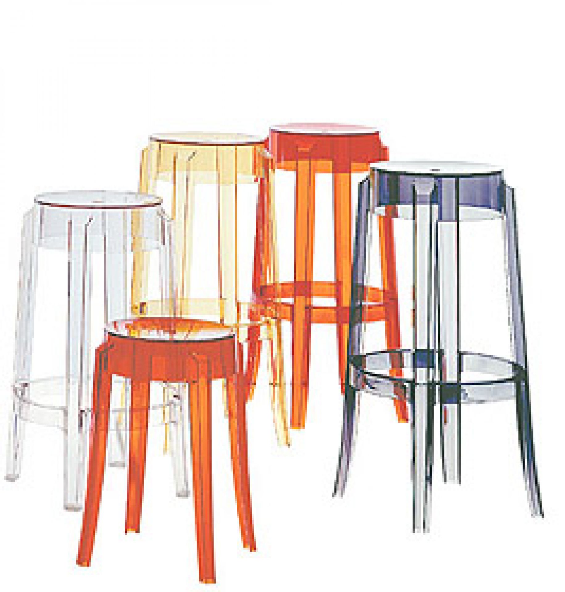 Charles Ghost Hocker 2er Set von Kartell in verschiedenen Farben, transparentes Design für moderne Einrichtung.