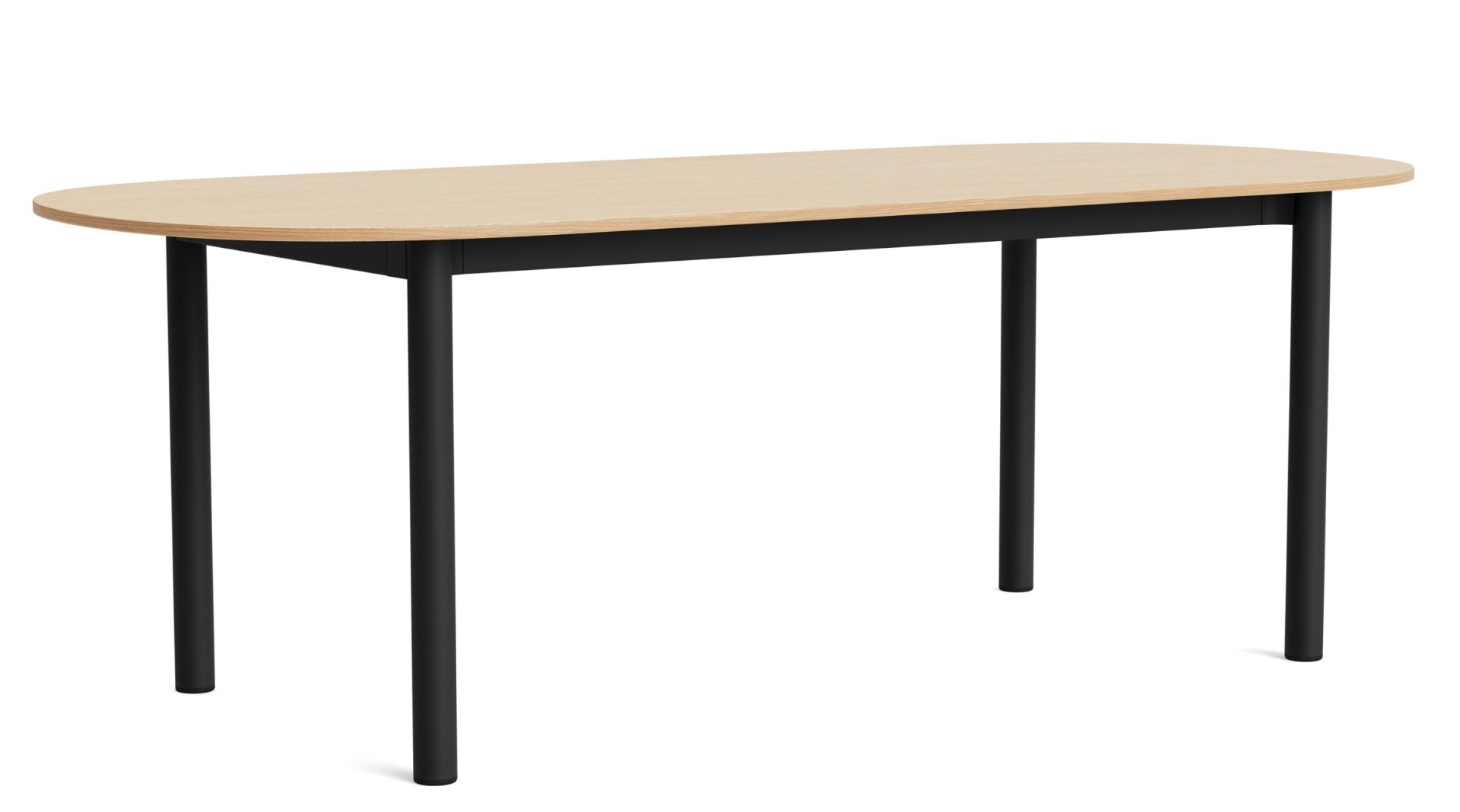 Annex Table von Hay: Ovaler Esstisch mit heller Tischplatte und schwarzen Beinen, modernes Design.