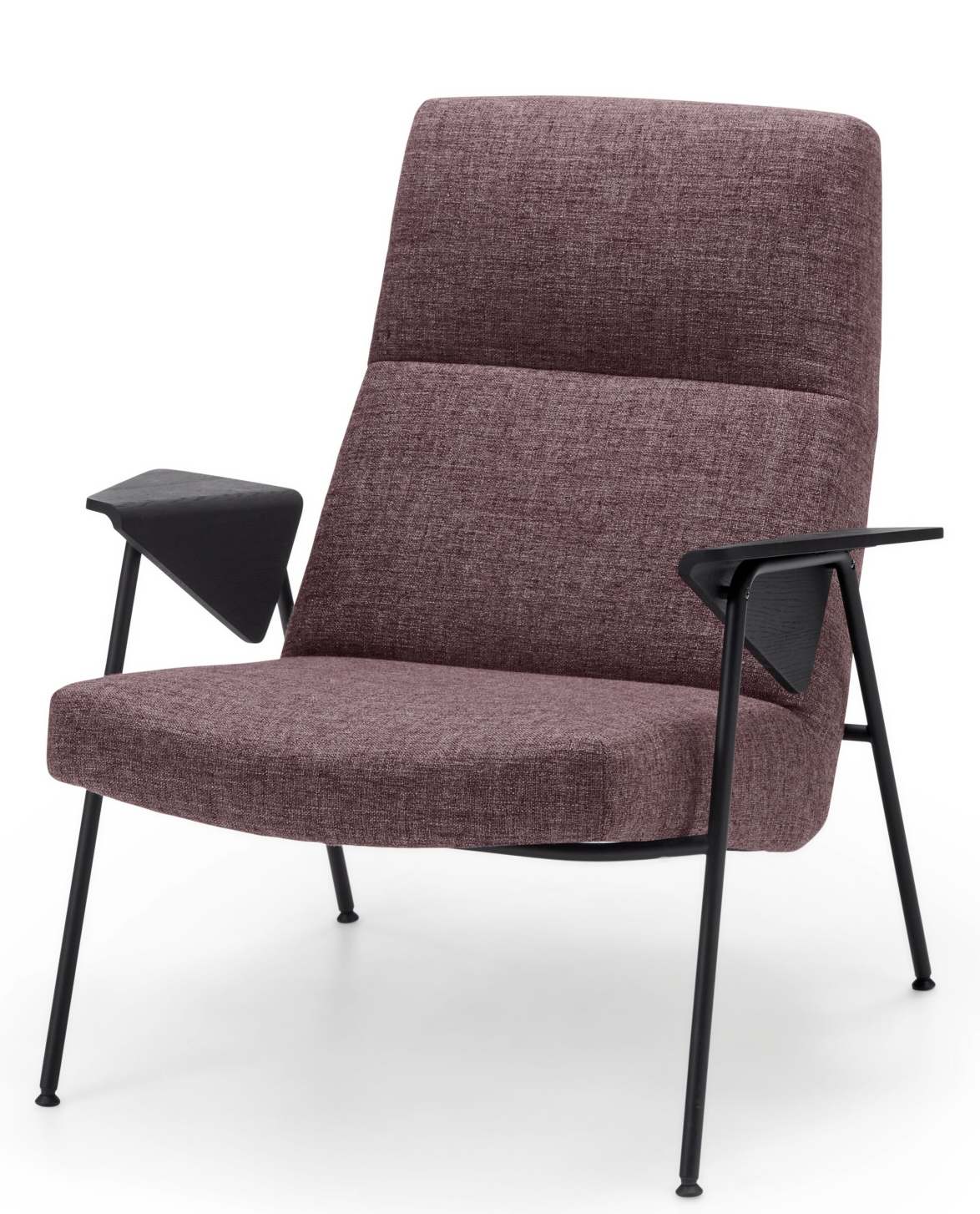 Walter Knoll Sessel 367/368 Votteler Chair mit purpurfarbenem Stoffbezug und schwarzen Armlehnen auf schlanken Füßen.