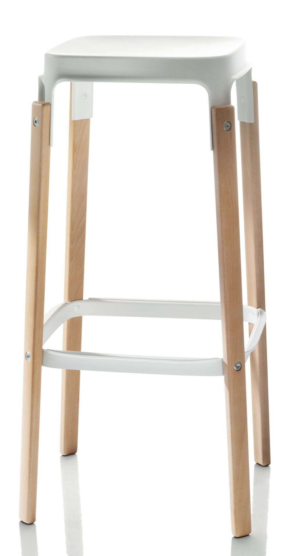 Magis Steelwood Stool Barhocker mit weißer Sitzfläche und hellen Holzbeinen, modernes Design für Küche oder Bar.