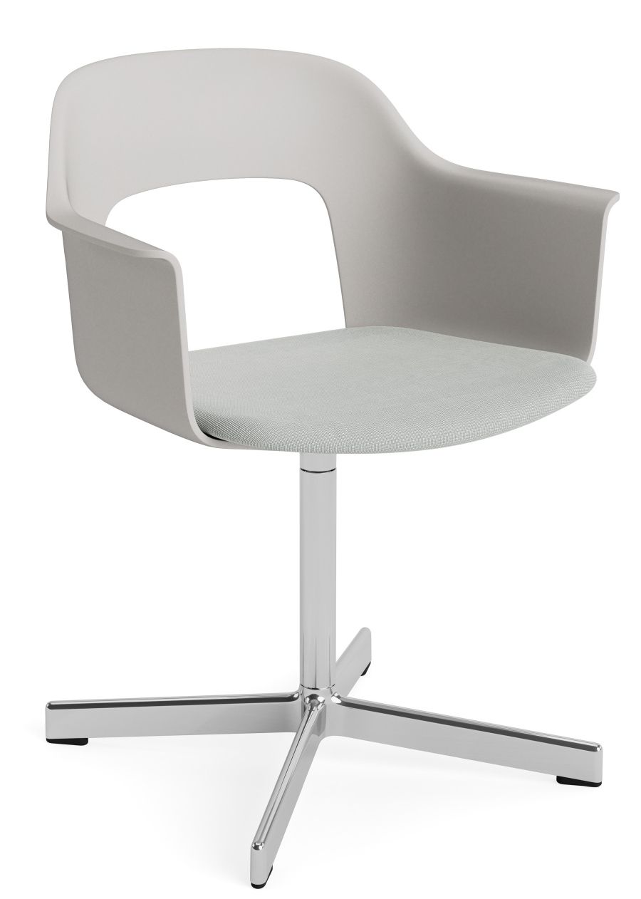 Layout Armchair 233 von Hay, ein moderner Armlehnstuhl in Grau mit Drehfuß aus Chrom.