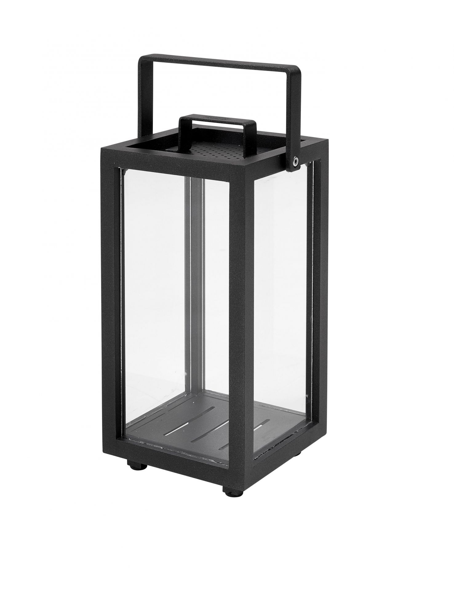 Schwarze Cane-Line Lighthouse Mini Laterne aus Aluminium und Glas für den Außenbereich.