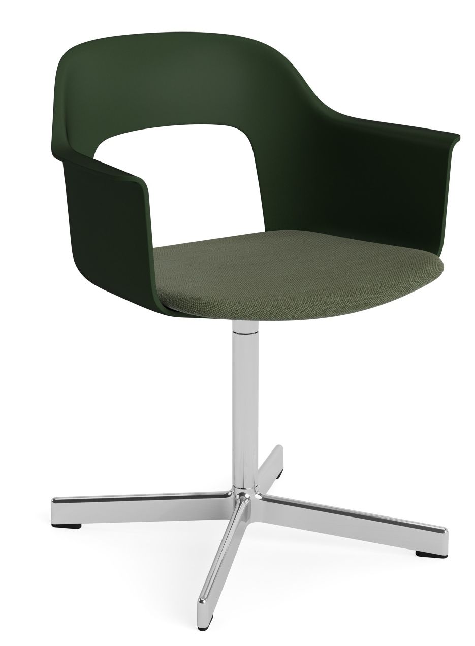 Layout Armchair 233 von Hay, grüner Bürostuhl mit Armlehne und Drehfuß aus Chrom.