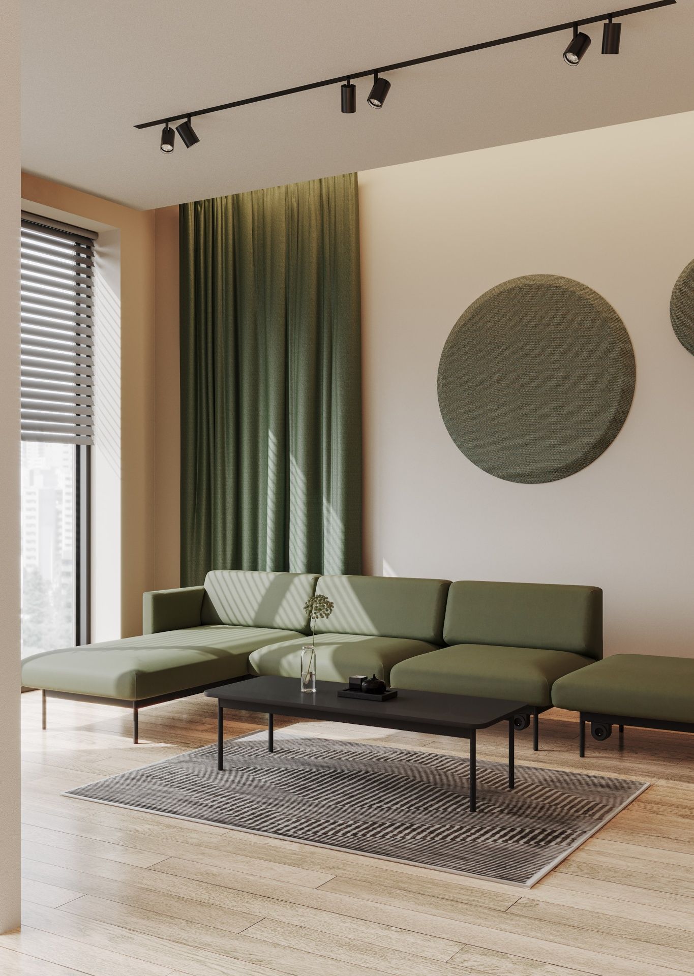 Modernes Wohnzimmer mit fora FR 422 Sofa in Olivgrün, Couchtisch und Teppich auf hellem Holzboden.