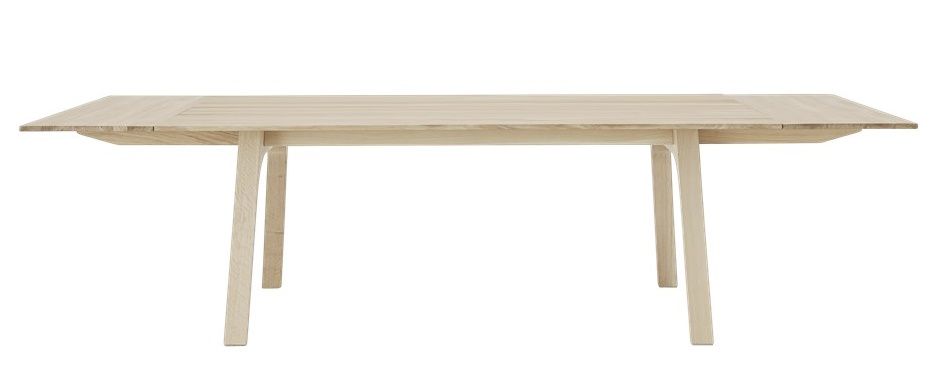 Muuto Earnest Esstisch ausziehbar, helles Holz, rechteckige Tischplatte und vier schräge Beine.