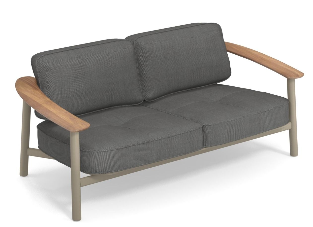 Emu Twins Sofa Outdoor, graues 2-Sitzer Gartensofa mit Armlehnen aus Holz, moderne Outdoor-Möbel.