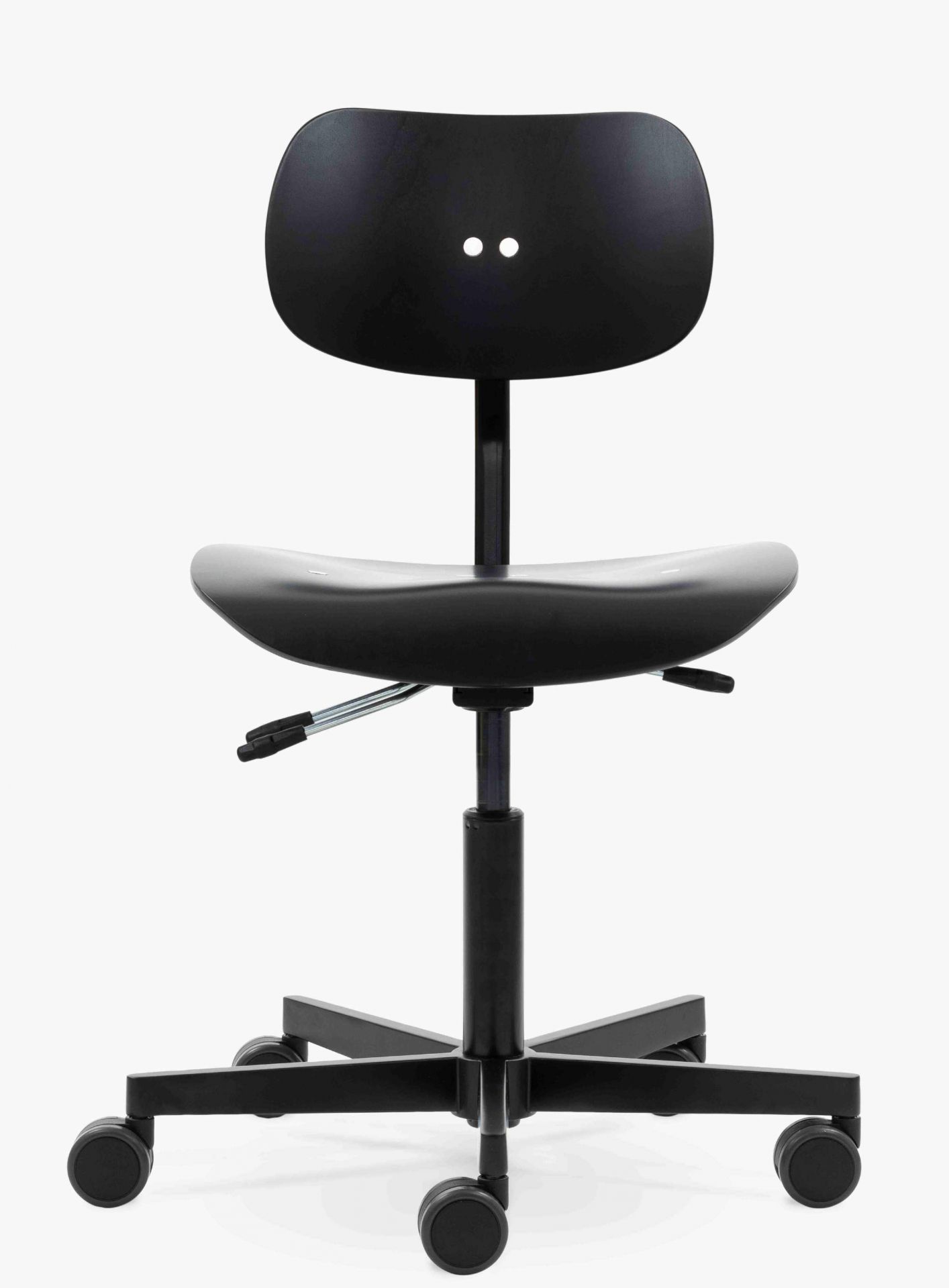 Schwarzer Wilde+Spieth Drehstuhl S 197 R20 mit Rollen, ergonomisch geformt, ideal für Büro und Werkstatt.
