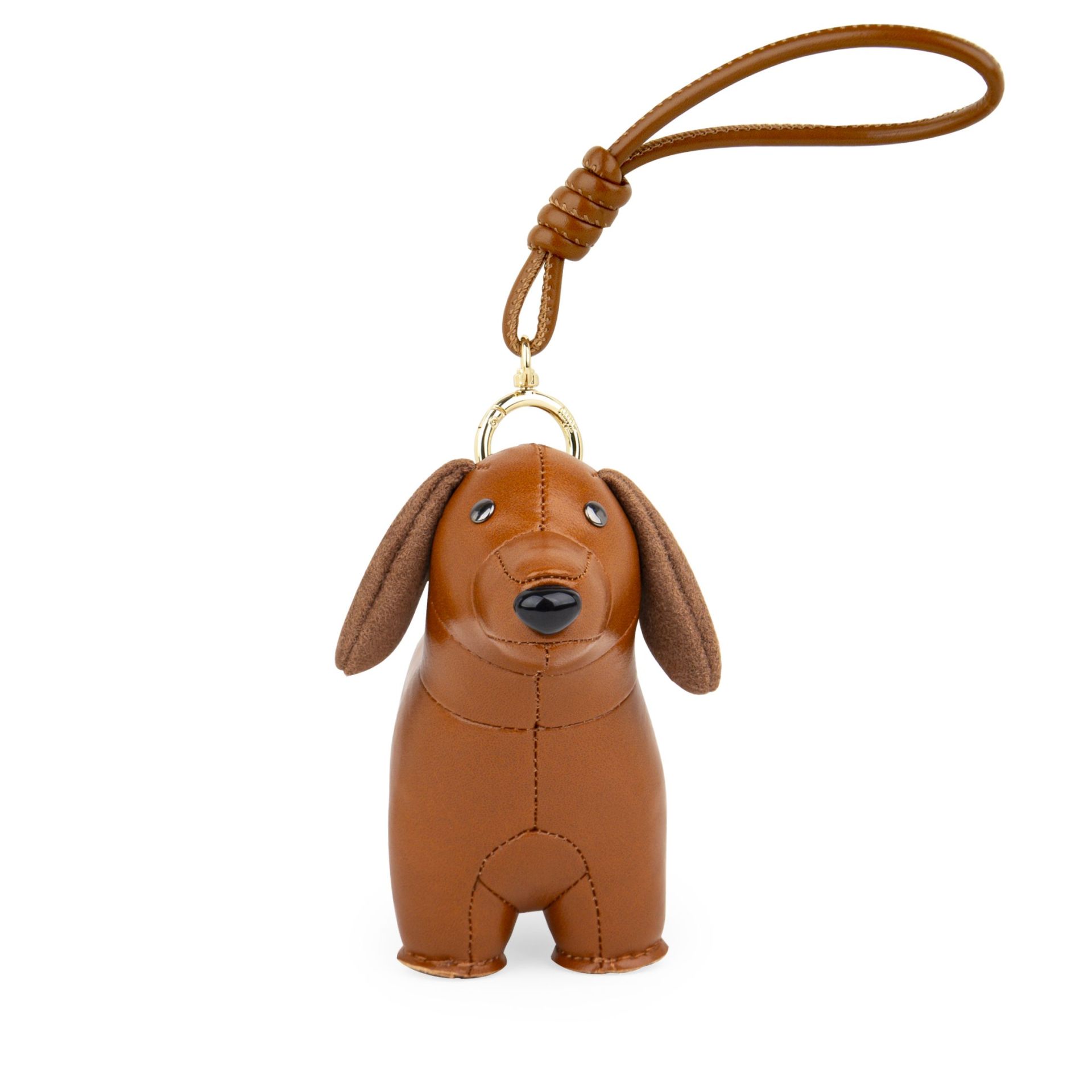 Züny Dackel Taschenanhänger aus braunem Kunstleder mit Schlaufe und goldenem Ring für Handtaschen.