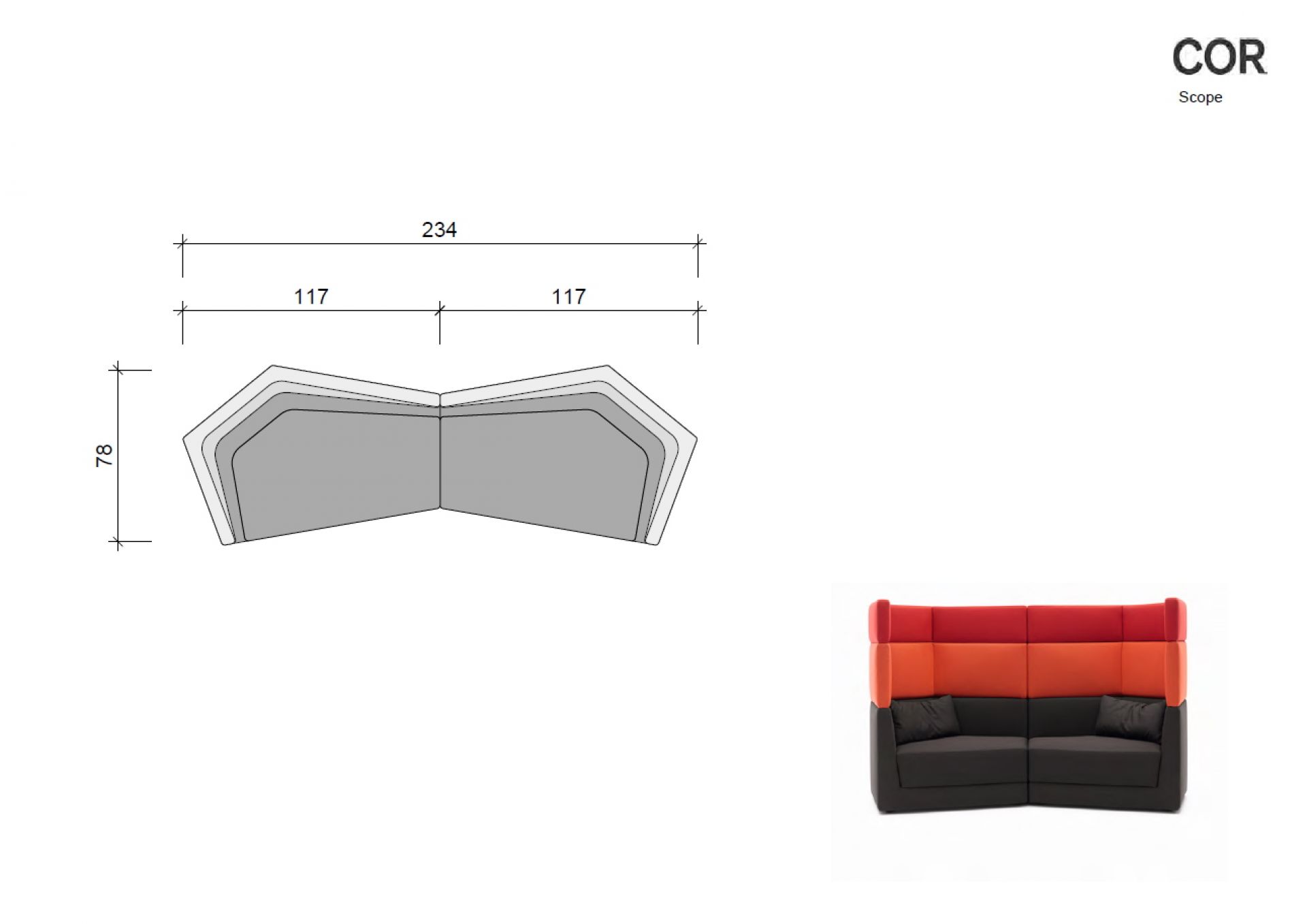 COR Scope Sofa Sitzelement niedrig: Produktansicht mit Maßen und Beispiel einer Farbkombination.