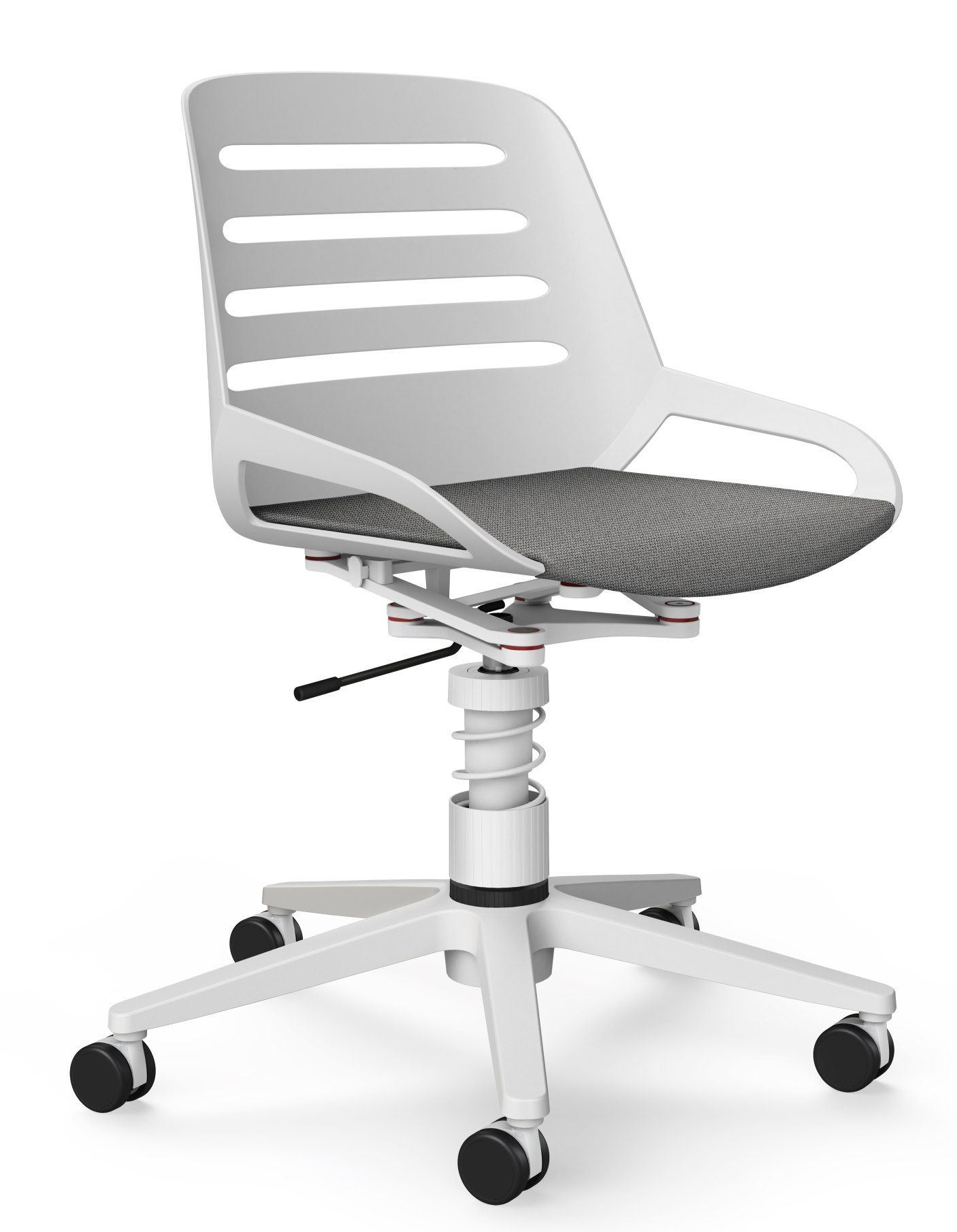 Numo Task Bürodrehstuhl von Aeris in Weiß mit grauem Sitzpolster und Rollen für das Büro.