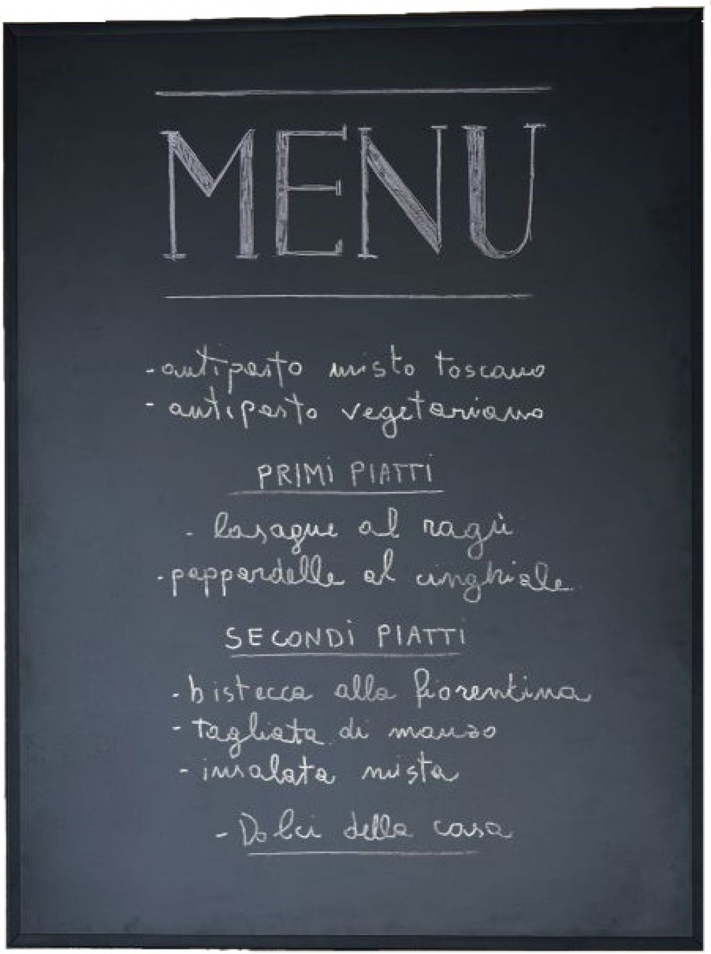 Cartesio Blackboard von Opinion Ciatti: Schwarze Tafel mit handgeschriebenem italienischem Menü für Multimediaständer.