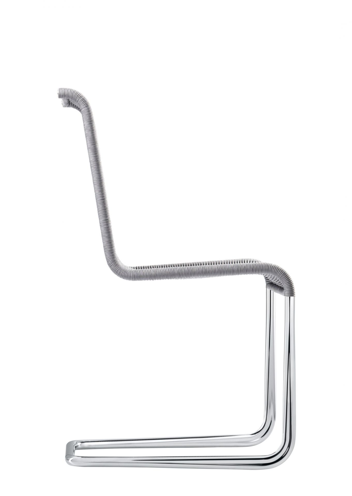 Grauer B20 Kragstuhl von Tecta, Freischwinger mit Stahlrohrgestell, Seitenansicht. Designklassiker für modernes Wohnen.