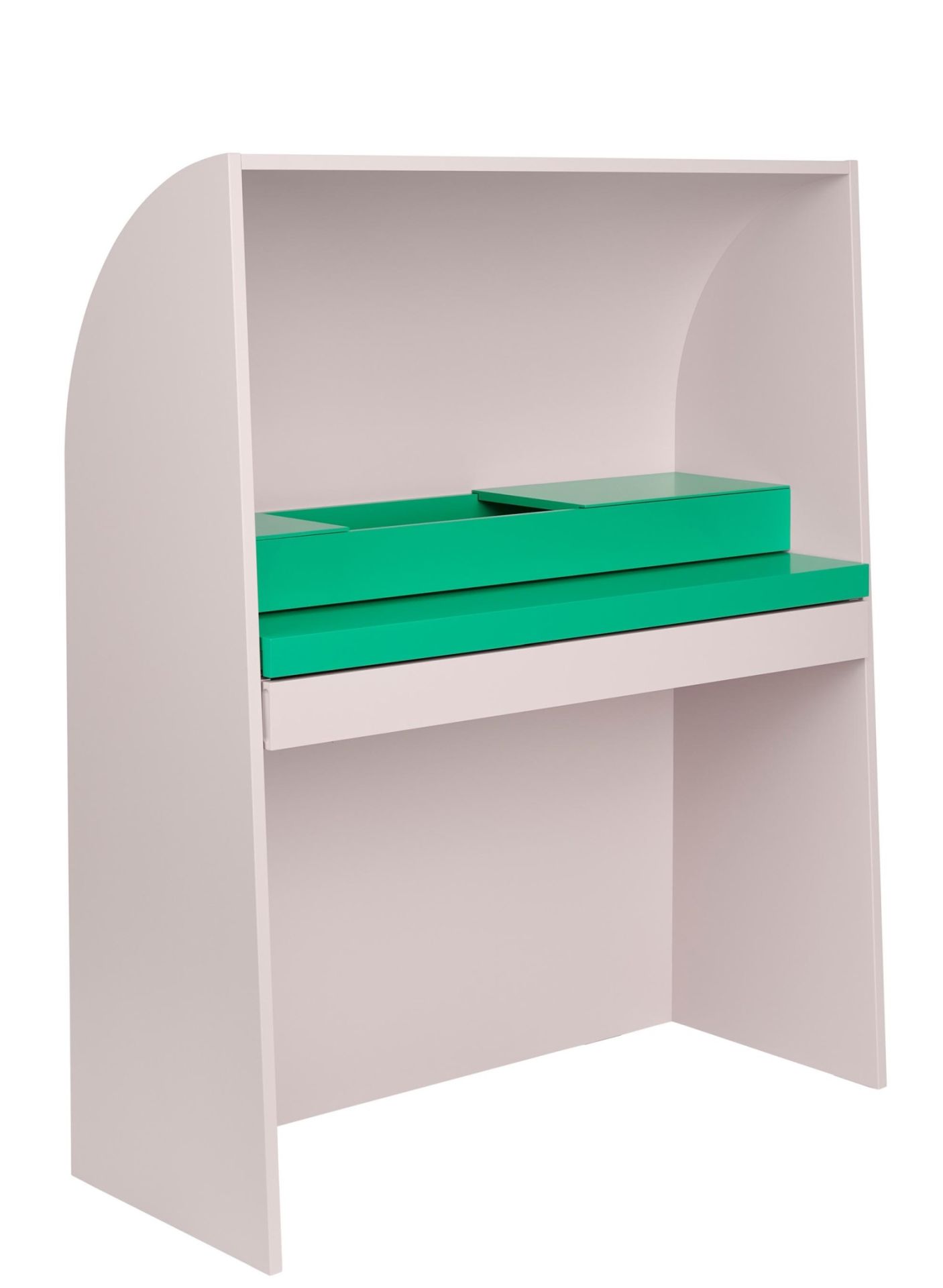 Akira Sekretär Schreibtisch von Schönbuch, weiß mit grünen Schubladen, modernes Design für Büro und Zuhause.