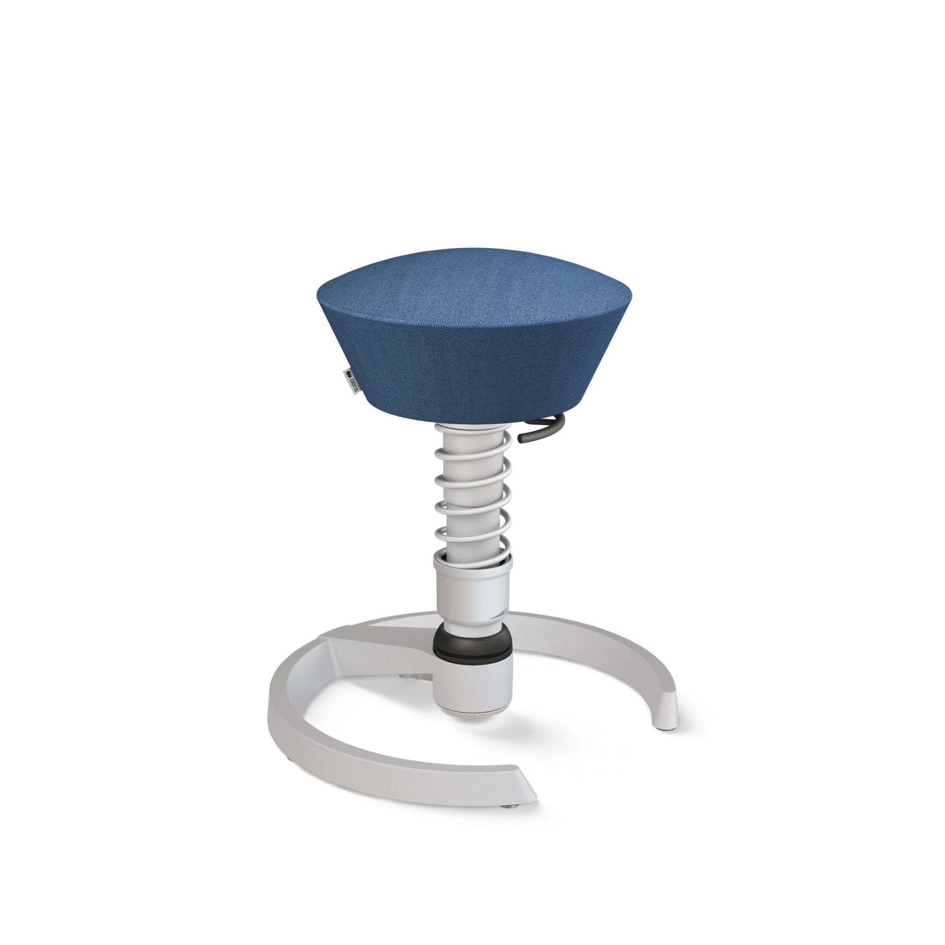 Aktiv-Sitzhocker mit blauer Sitzfläche, weißer Feder und Fußkreuz für ergonomisches Sitzen im Büro.