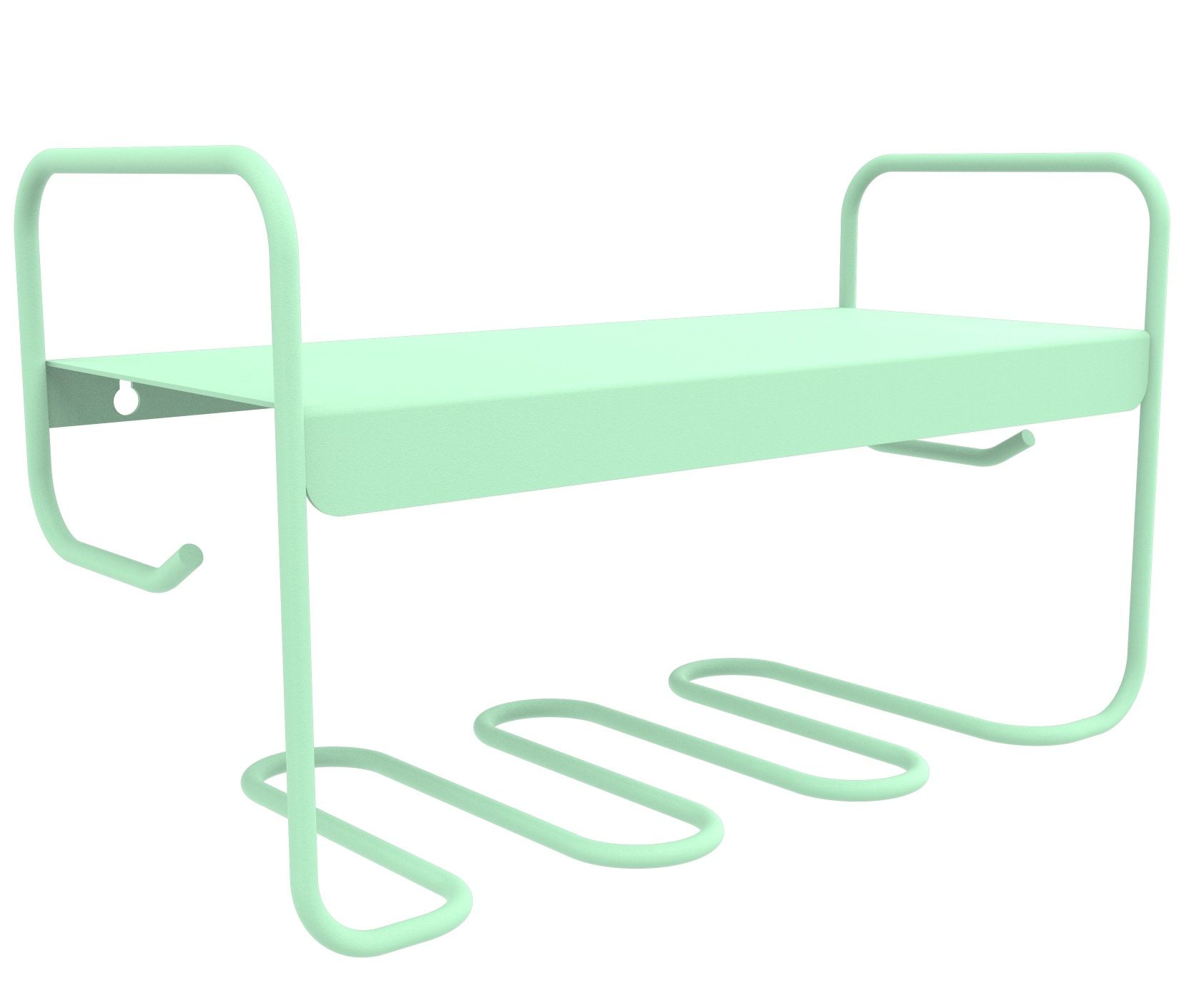 Nahaufnahme des mintgrünen Fermob Picolino Wandregals, geeignet für Innen- und Außenbereiche, modernes Design.