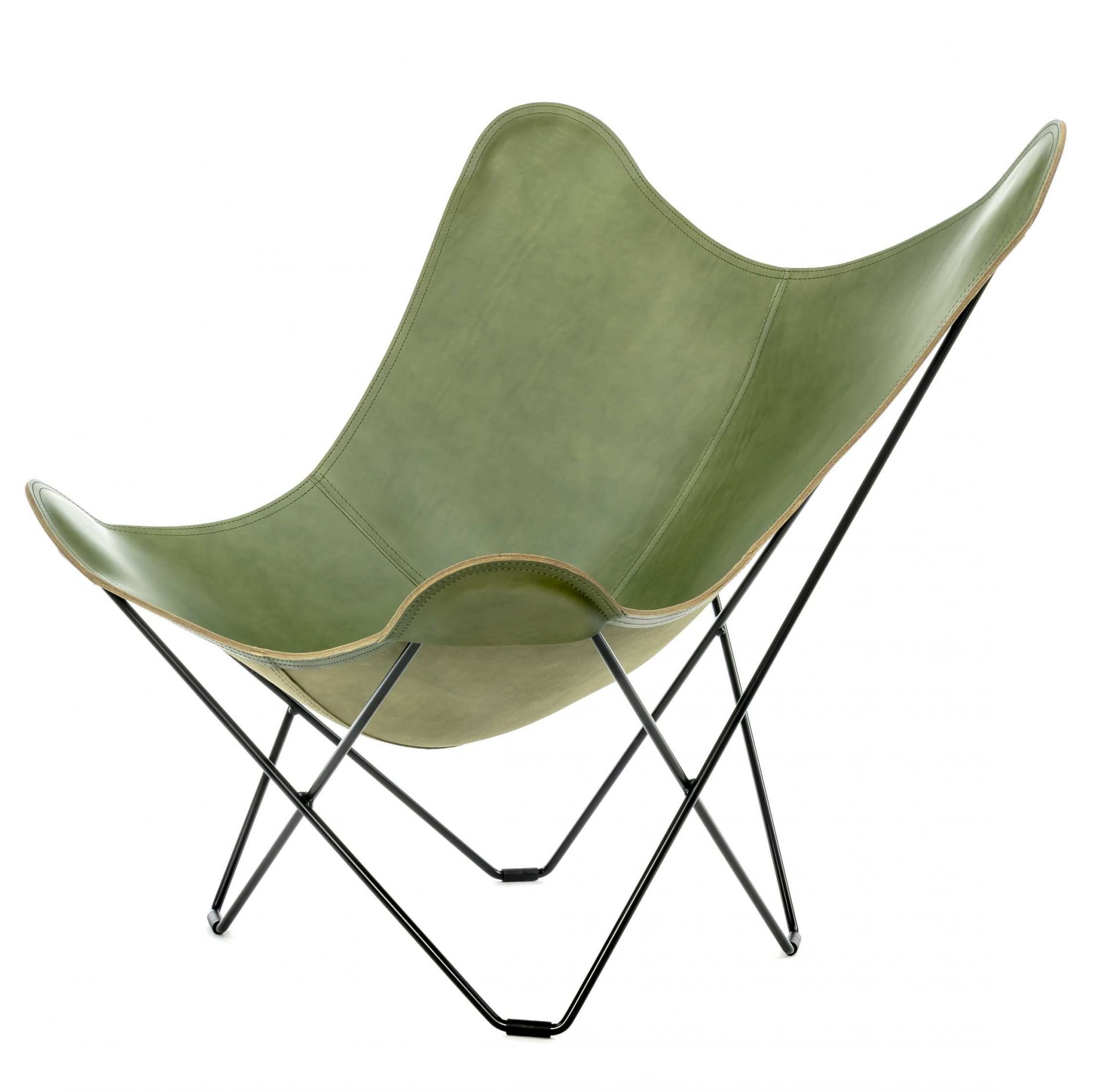 Grüner Pampa Mariposa Butterfly Chair Sessel aus Leder mit schwarzem Metallgestell.