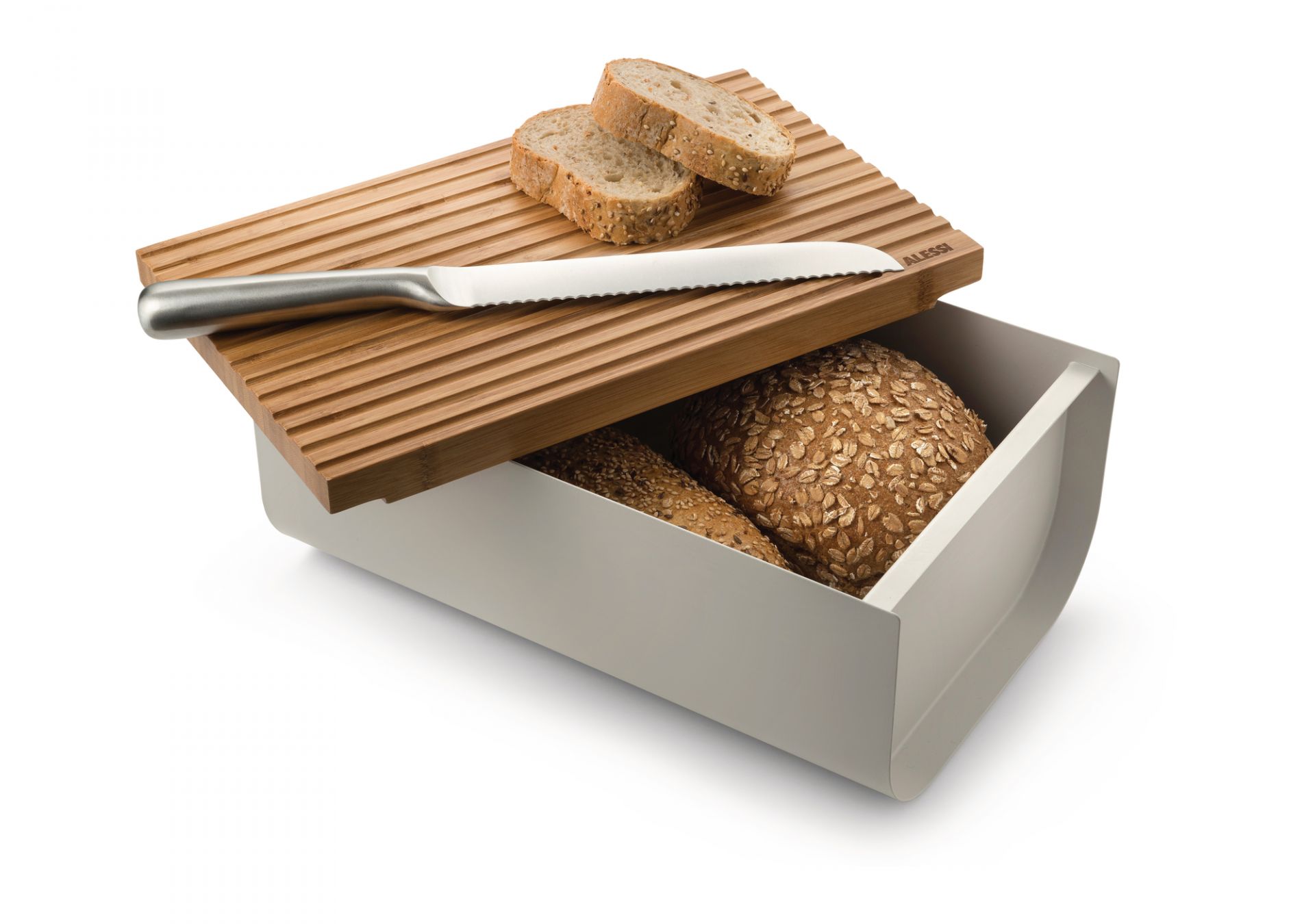 Alessi Mattina Brotkasten in Warmgrau mit Brot, Schneidebrett und Messer. Brotbehälter aus Stahl.