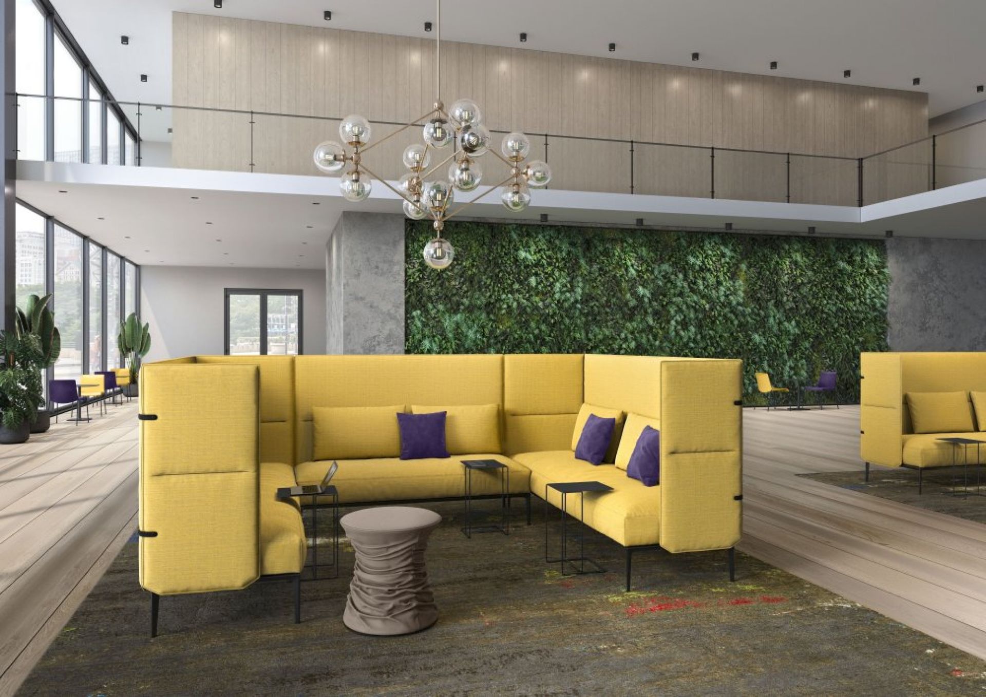 Bellows Hocker von Walter Knoll, grauer Design-Hocker mit gerafftem Stoffbezug als Beistelltisch in moderner Bürolounge.