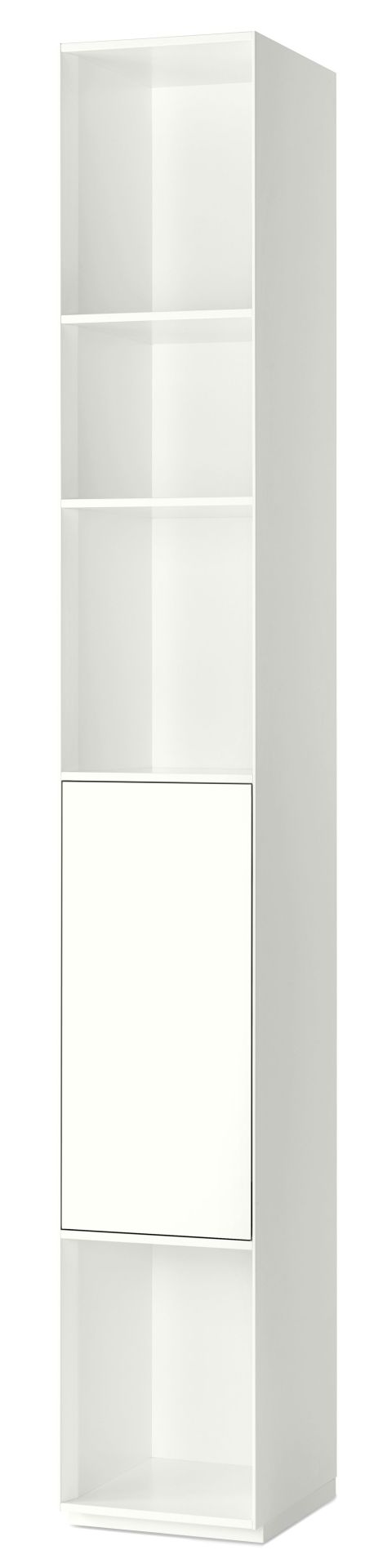 Weißes Nex Pur Regal von Piure mit Tür unten und Fachboden für Wohnzimmer und Büro.
