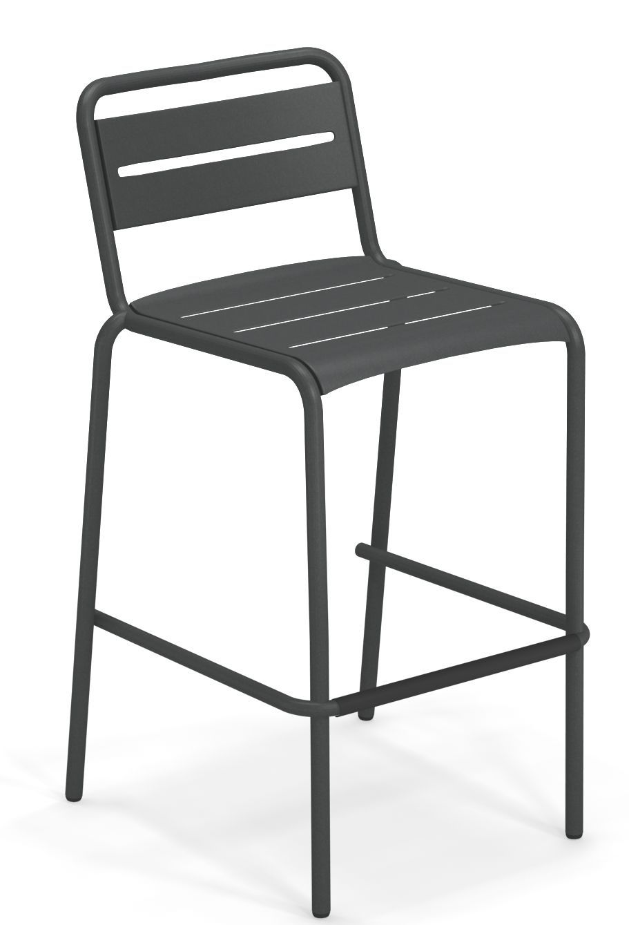 Star Barstool Barhocker Outdoor Emu, grauer Metall-Barstuhl mit Rückenlehne und Fußstütze für den Außenbereich.