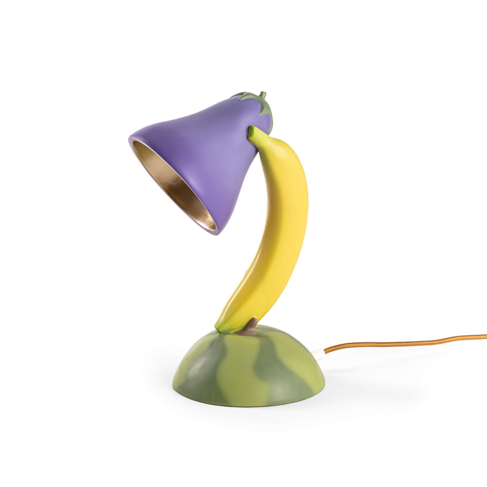 Seletti Vitamin Table Lampe in Aubergine, Banane und Wassermelone Design auf weißem Hintergrund.