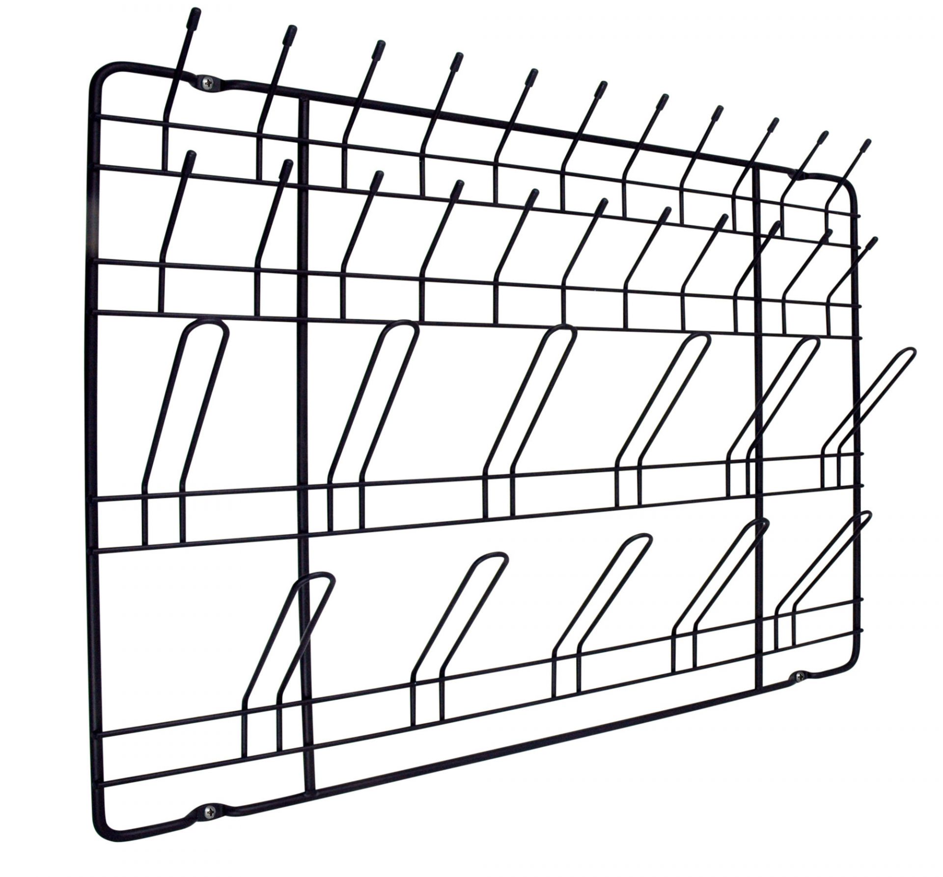 Schwarze Puhlmann Frame Garderobe aus Metall mit Haken und Ablageflächen für Hüte und Jacken.