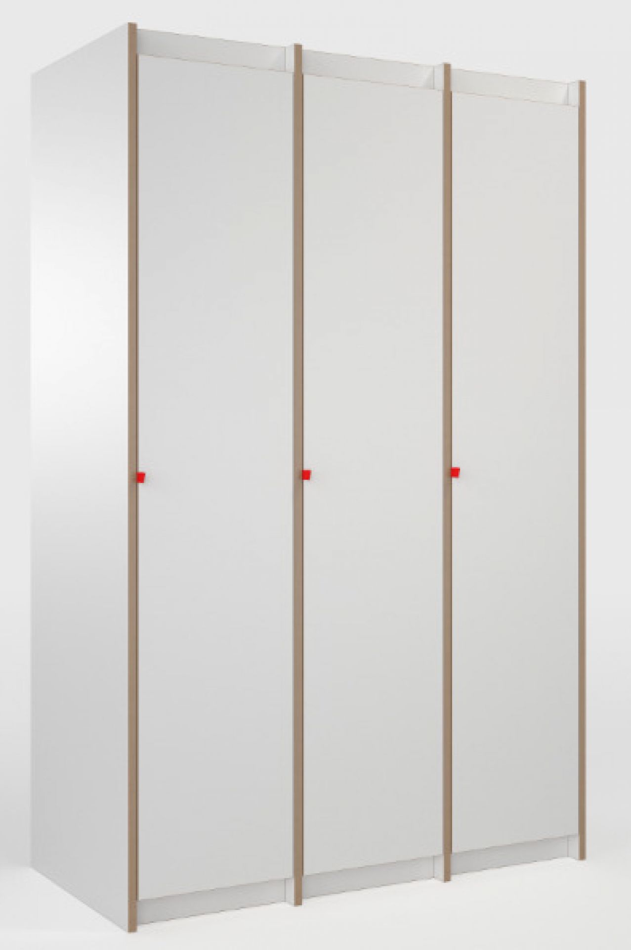 Weißer Tojo Steh Schrank Grundmodul mit drei Türen und roten Griffen. Moderner Kleiderschrank für Schlafzimmer.