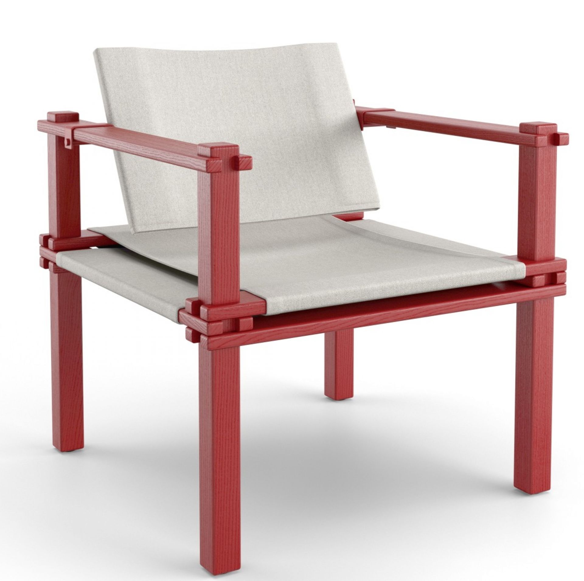 Farmer Sessel Outdoor Cor: Roter Holzstuhl mit Armlehnen und hellgrauer Sitzfläche für den Garten.