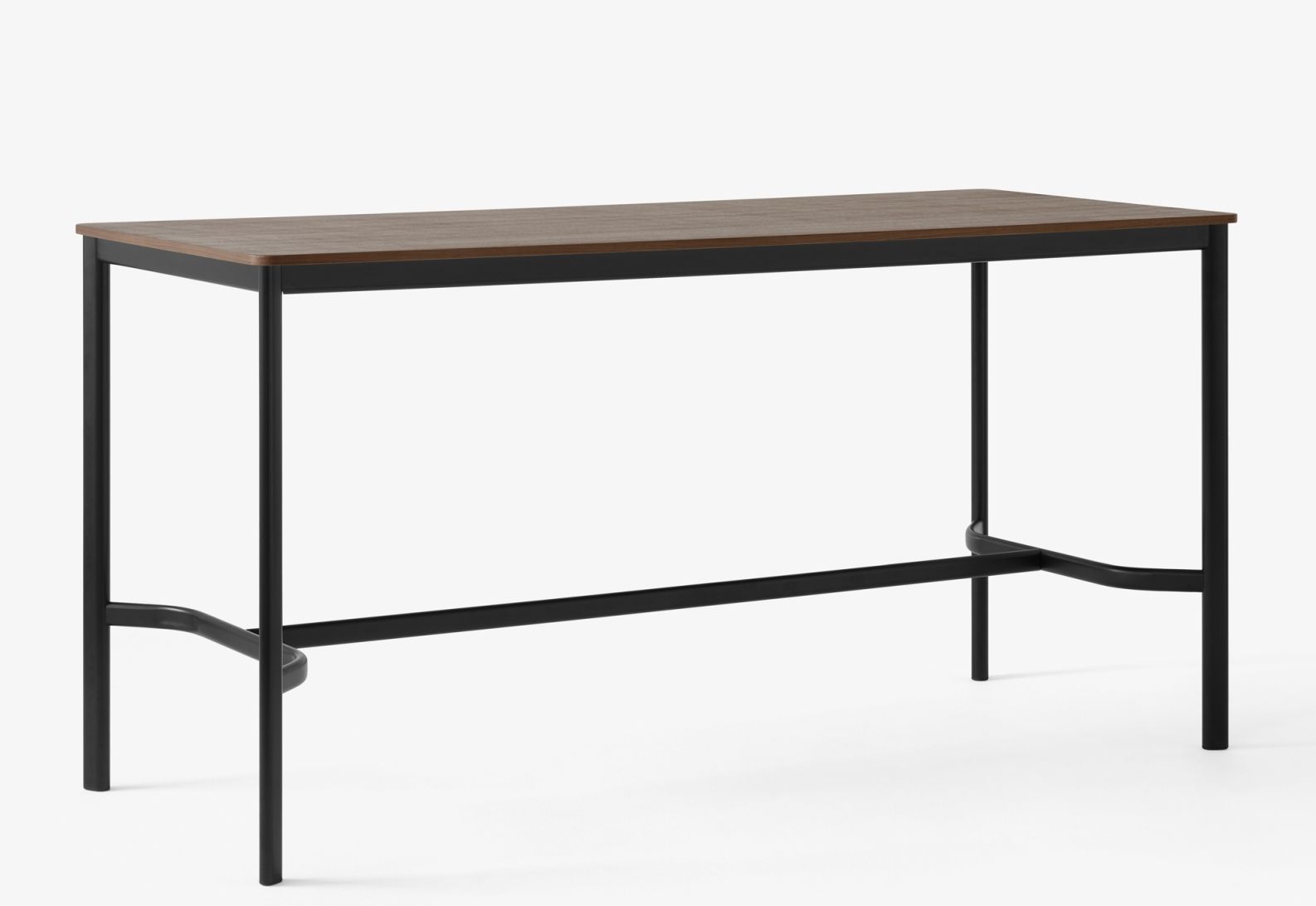 AndTradition Drip High Table: Stehtisch mit brauner Tischplatte und schwarzem Metallgestell für moderne Büros.