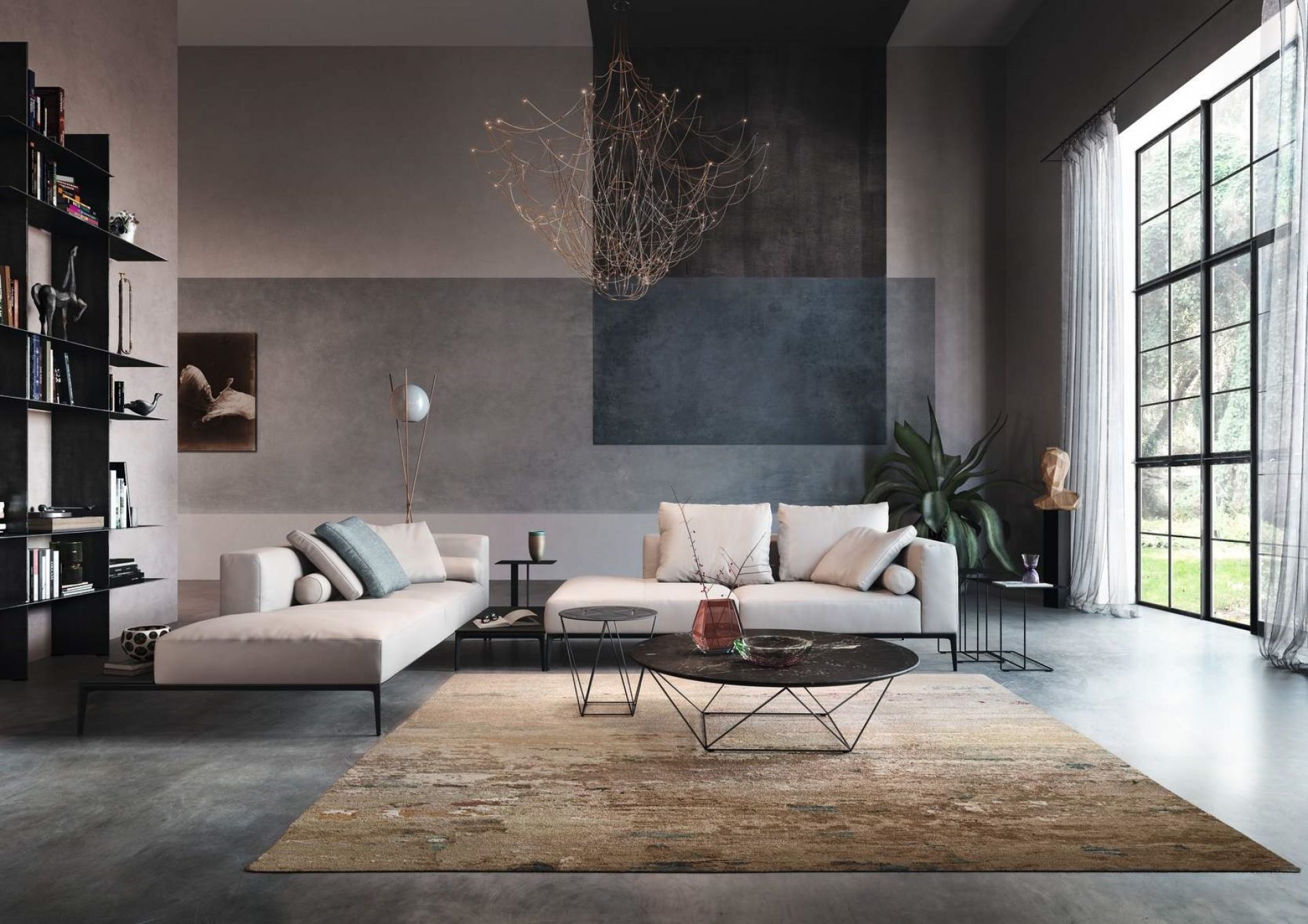Moderner Wohnraum mit Walter Knoll Oki Beistelltisch, Sofa, Teppich und dekorativer Beleuchtung für stilvolles Interieur.