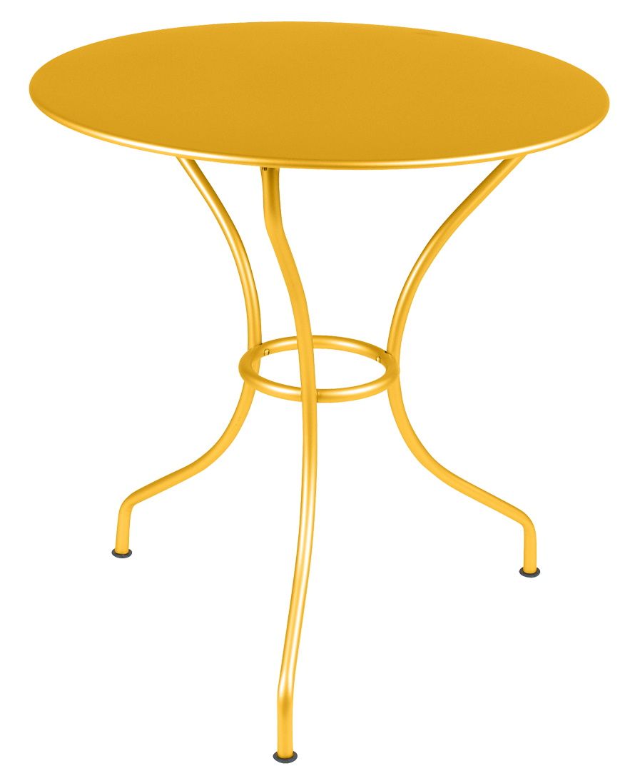 Goldener Opéra+ Gartentisch von Fermob, runder Outdoor-Tisch aus Metall für Terrasse und Balkon.