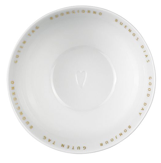 Weiße Müslischale aus der Räder Guten Appetit Kollektion mit Herz und internationalen Grußbotschaften.