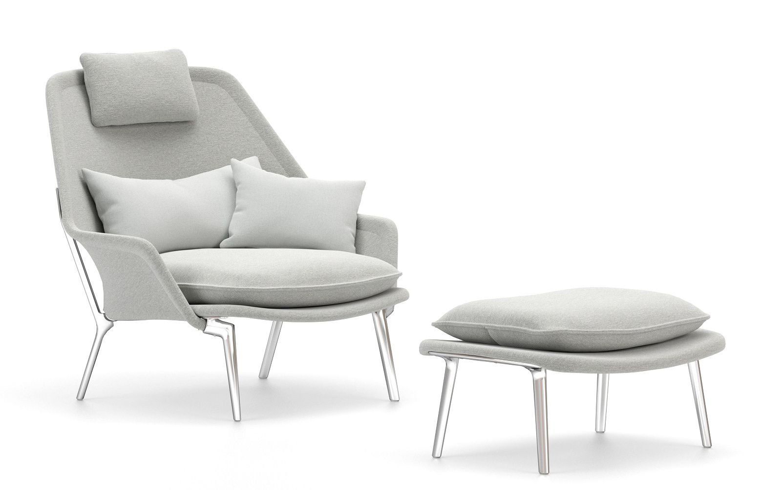 Vitra Slow Chair Sessel mit Ottoman in grauem Stoffbezug und Kissen, Chromgestell.