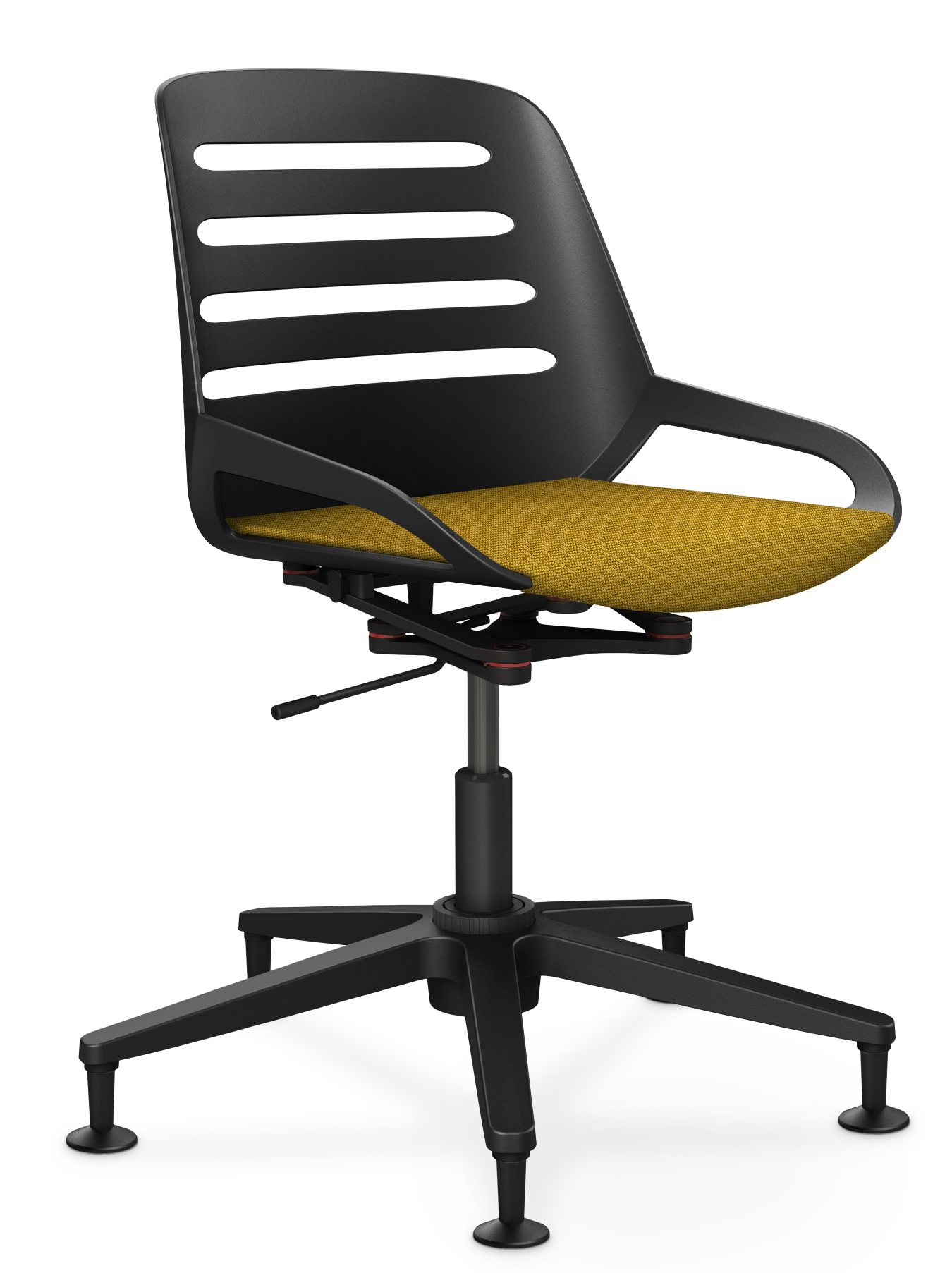 Numo Task Bürodrehstuhl von Aeris, schwarzes Gestell, gelber Sitzbezug, ergonomischer Bürostuhl mit Säule und Gleitern.
