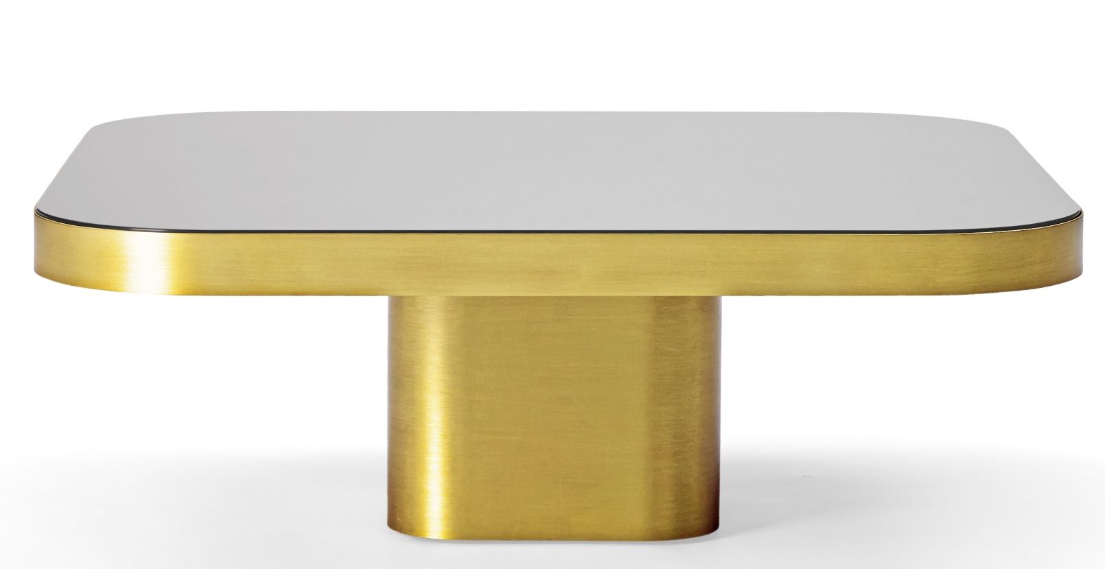 ClassiCon Bow Coffee Table No. 2 mit quadratischer, grauer Tischplatte und goldenem Metallfuß.