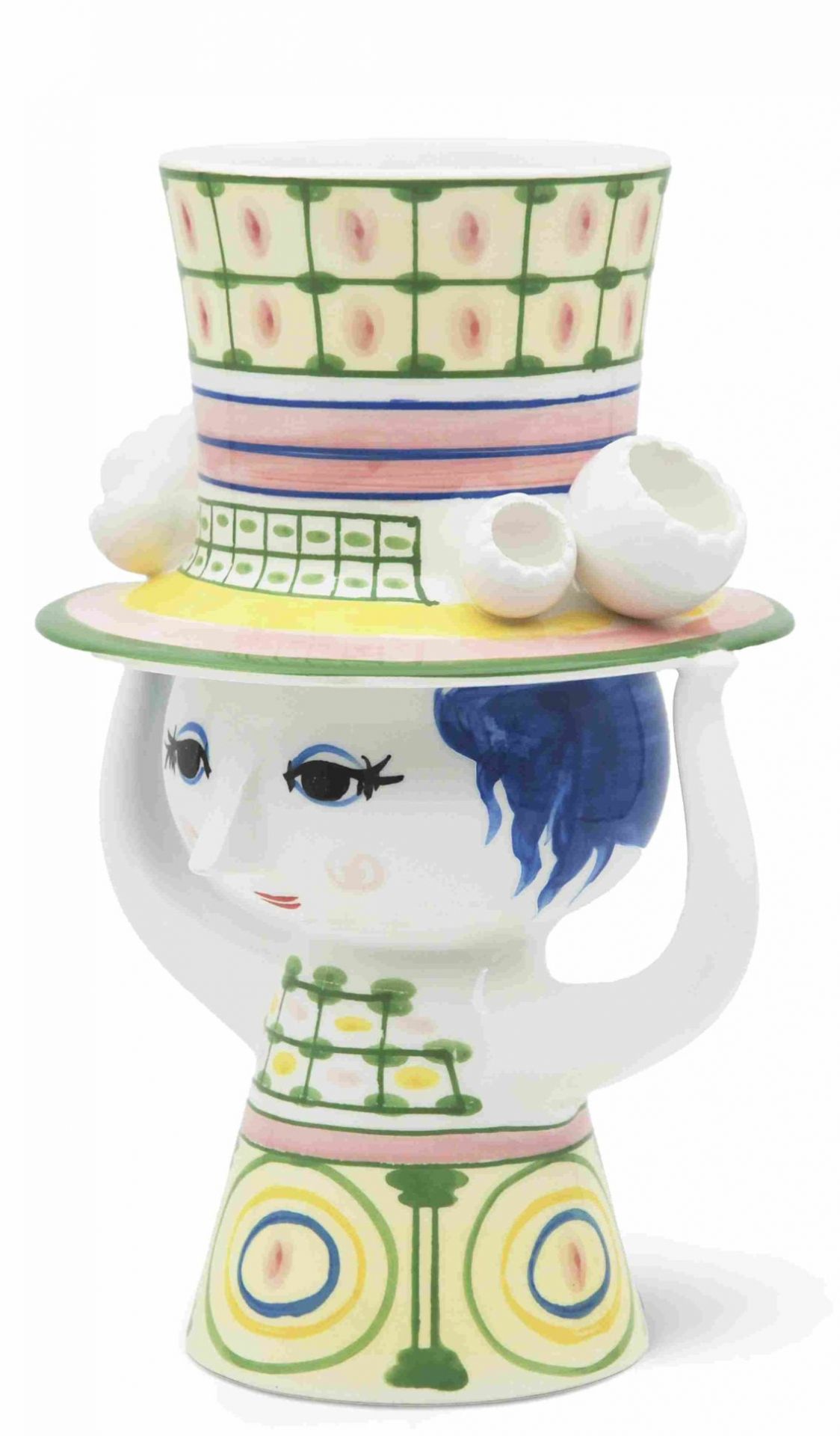 Lady with Hat Vase von Bjorn Wiinblad, H 24,5 cm. Keramikvase mit Hut und Gesicht.