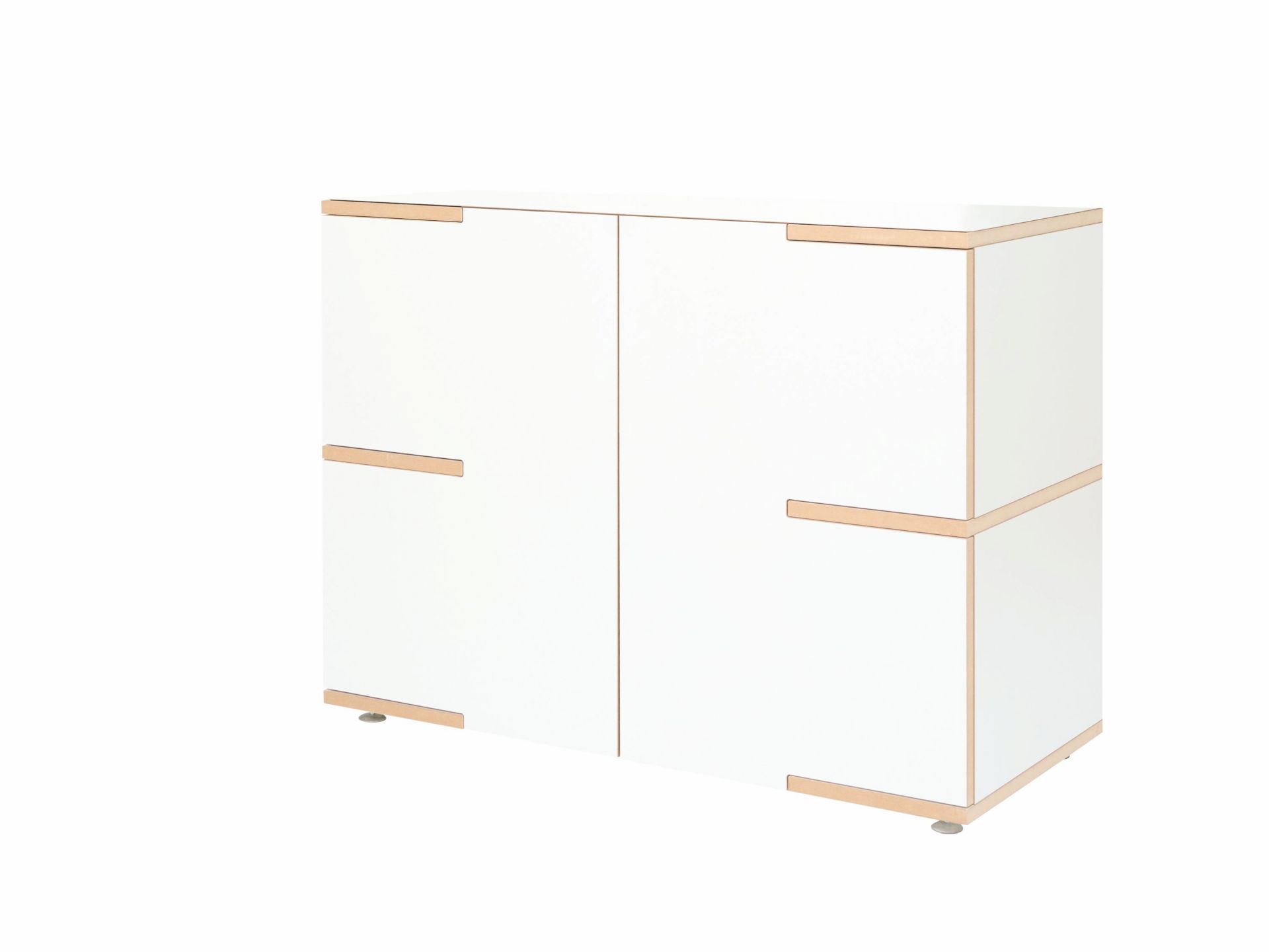 Weißes Tojo Stau Sideboard mit zwei Türen und hellem Holzrahmen, modernes Möbeldesign.