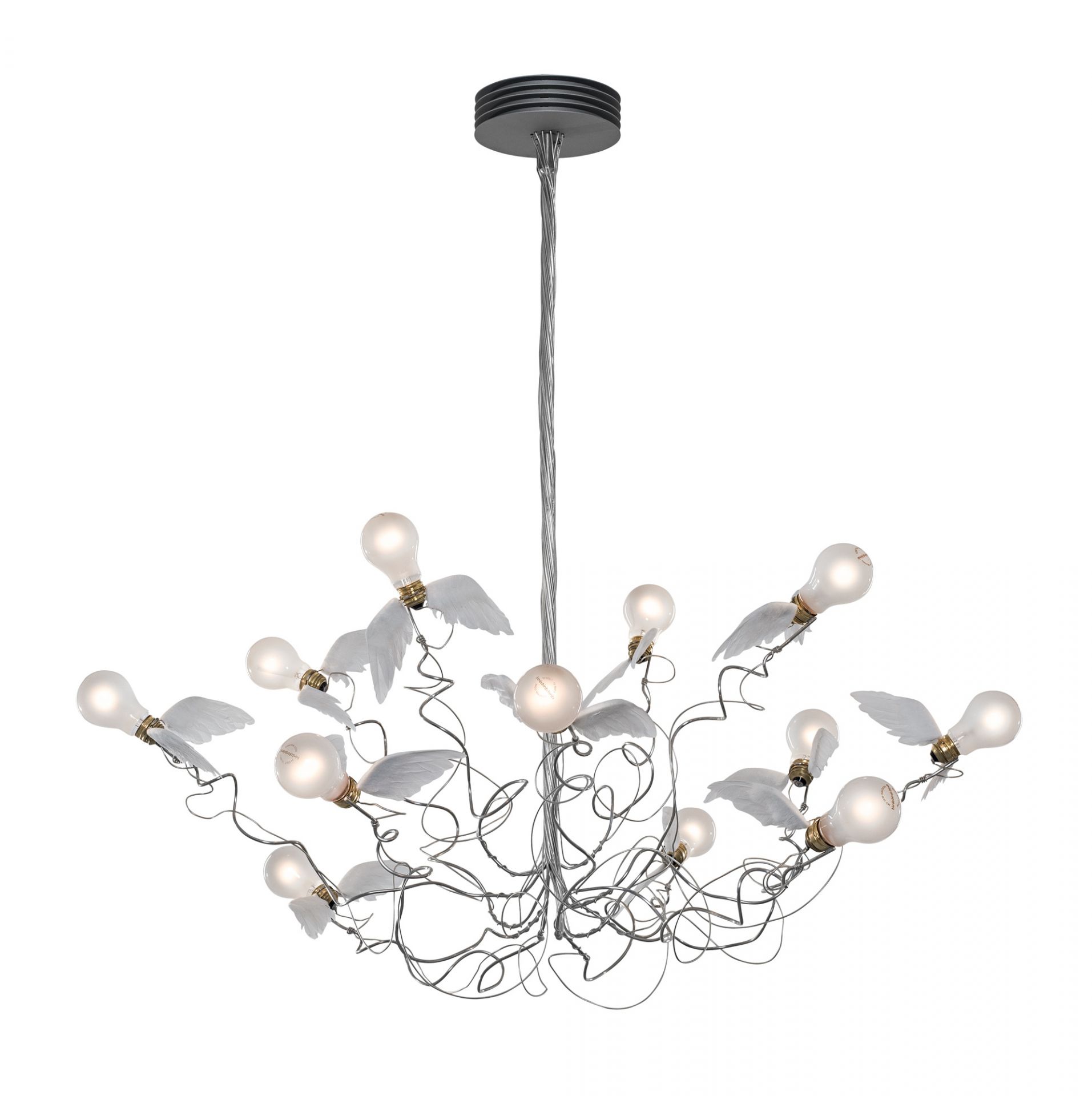 Birdie LED Kronleuchter von Ingo Maurer: Moderne Designerlampe mit geflügelten Glühbirnen und silbernem Drahtgestell.