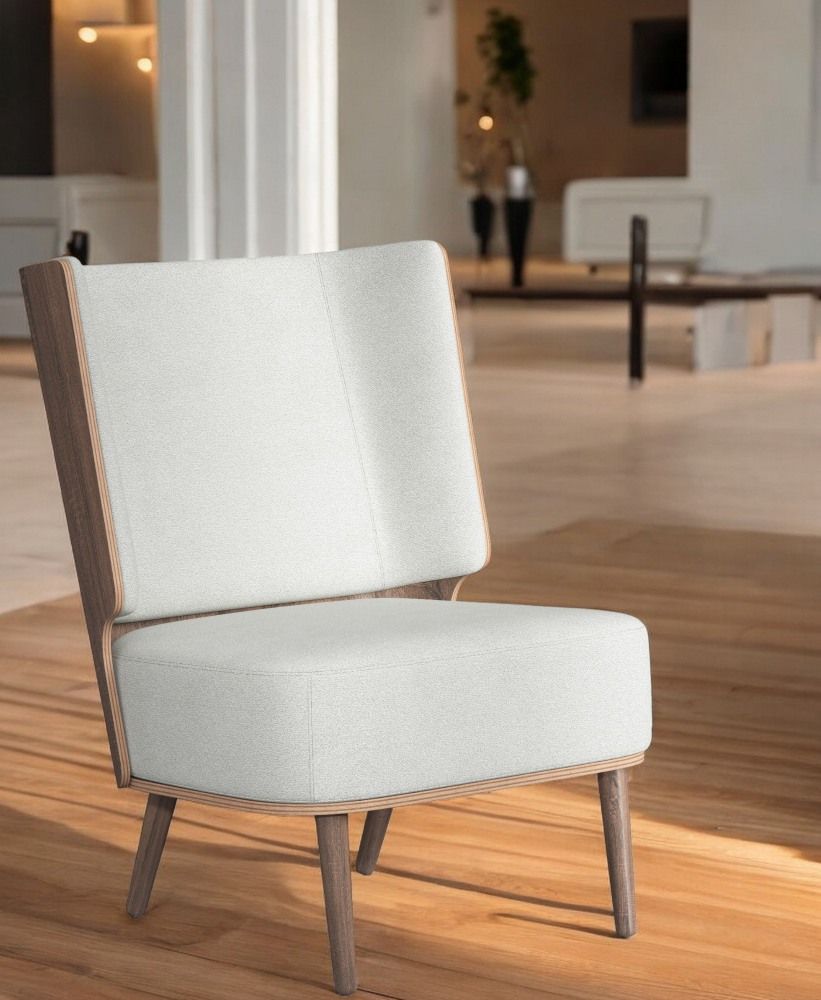 Serena Lounge Chair Sessel mit dunkel gebeiztem Eichenholzrahmen und grauem Stoffbezug.