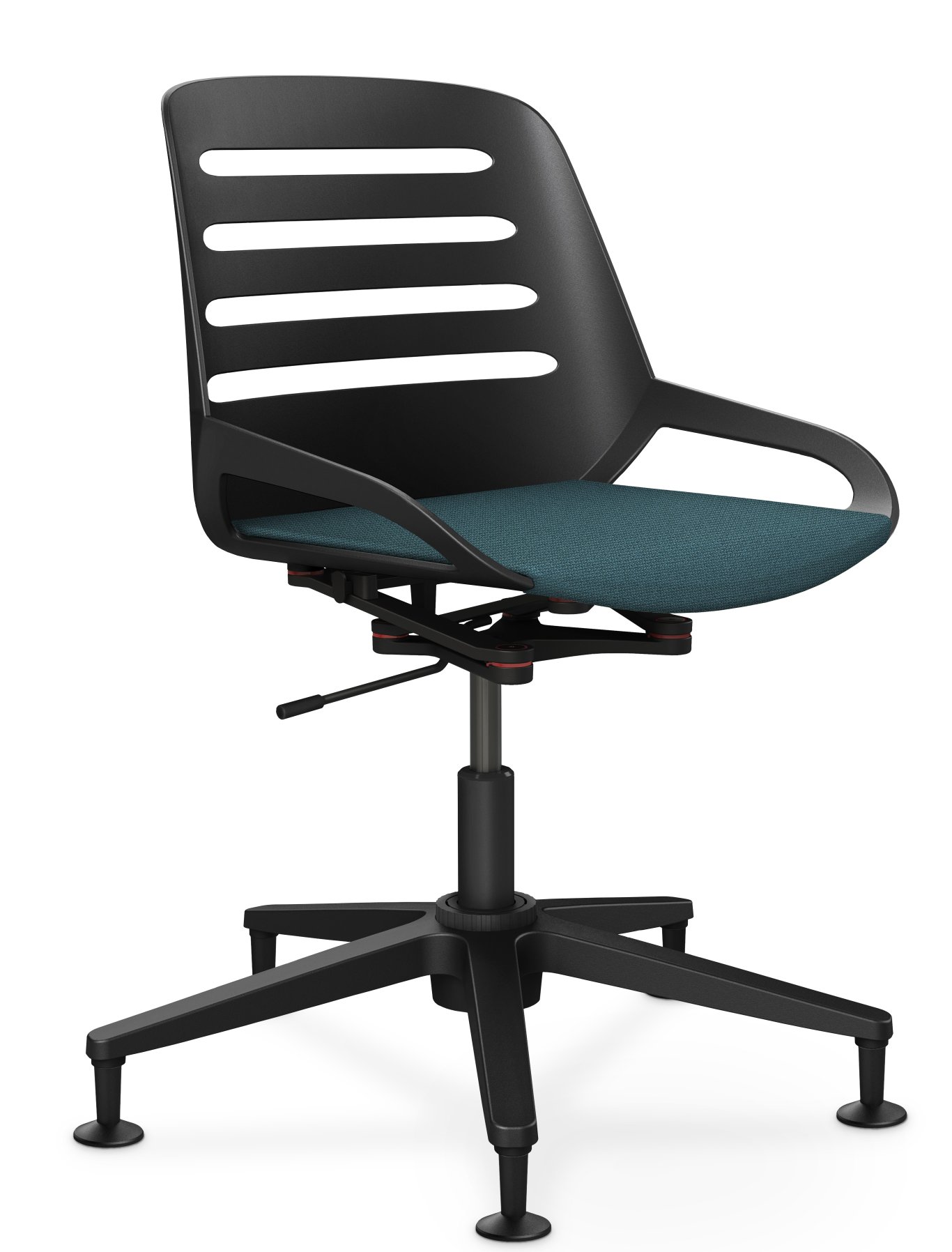 Numo Task Bürodrehstuhl von Aeris, schwarzes Gestell, blaue Sitzfläche, ergonomischer Arbeitsstuhl mit Säule und Gleitern.
