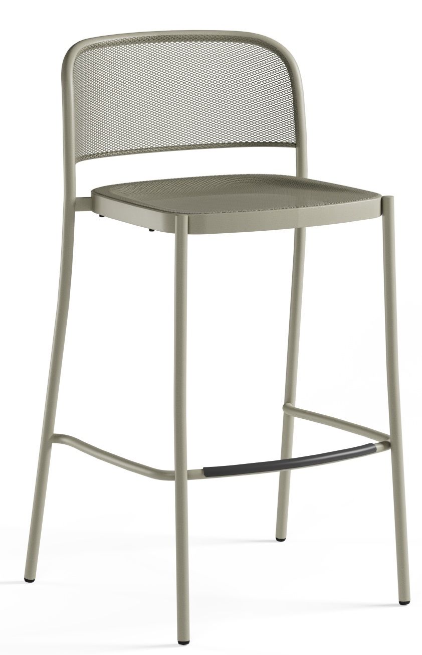 Café Barstool von Emu, ein grauer Outdoor-Barhocker aus Metall mit Rückenlehne und Fußstütze.