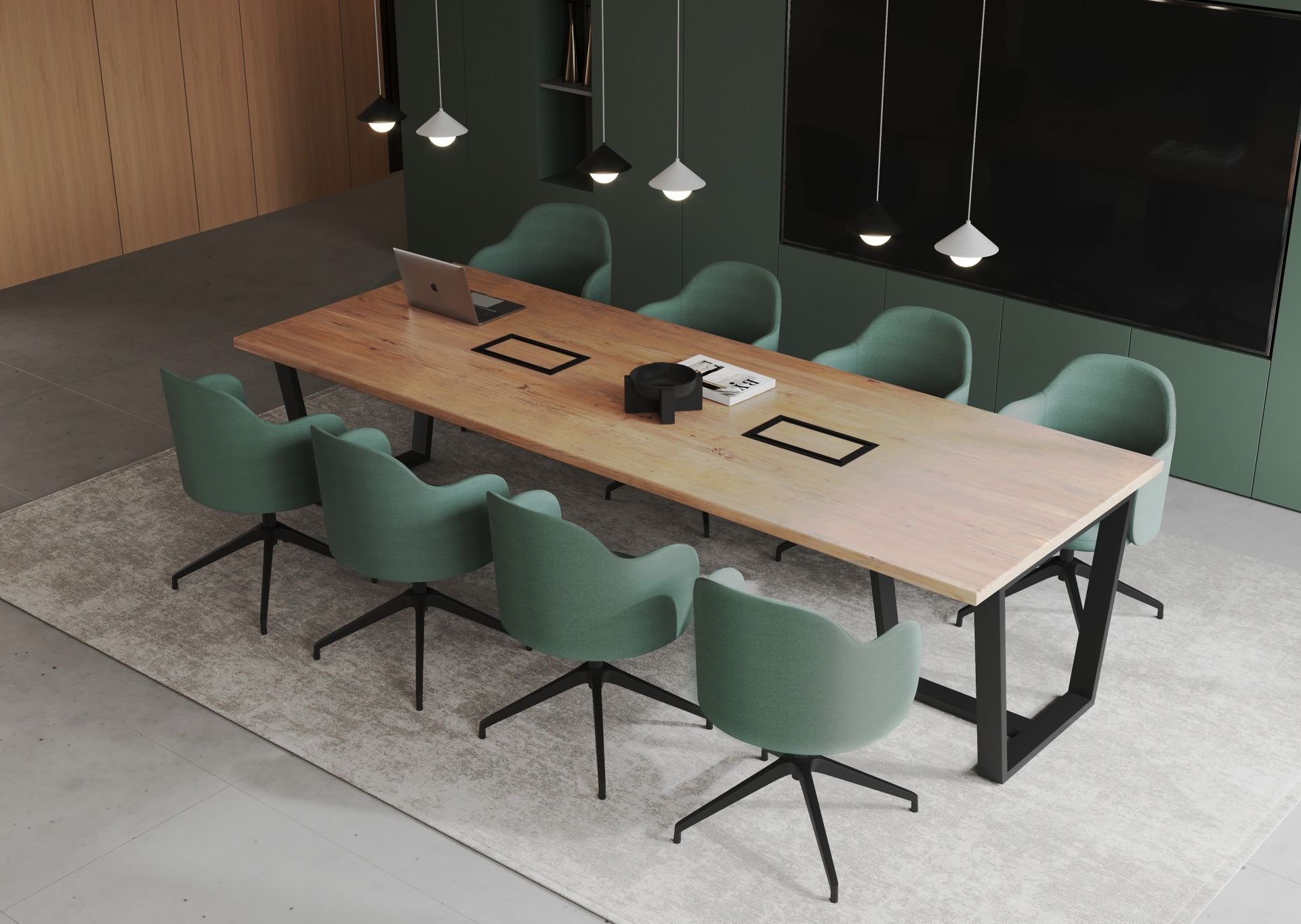 Flos FS KP 4R Konferenzstuhl Bejot in modernem Konferenzraum mit Holztisch und grünen Drehstühlen.